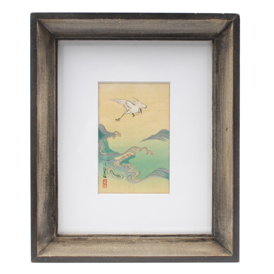 Woodblock After Ogata Kōrin Depicting Crane Flying Over Sea