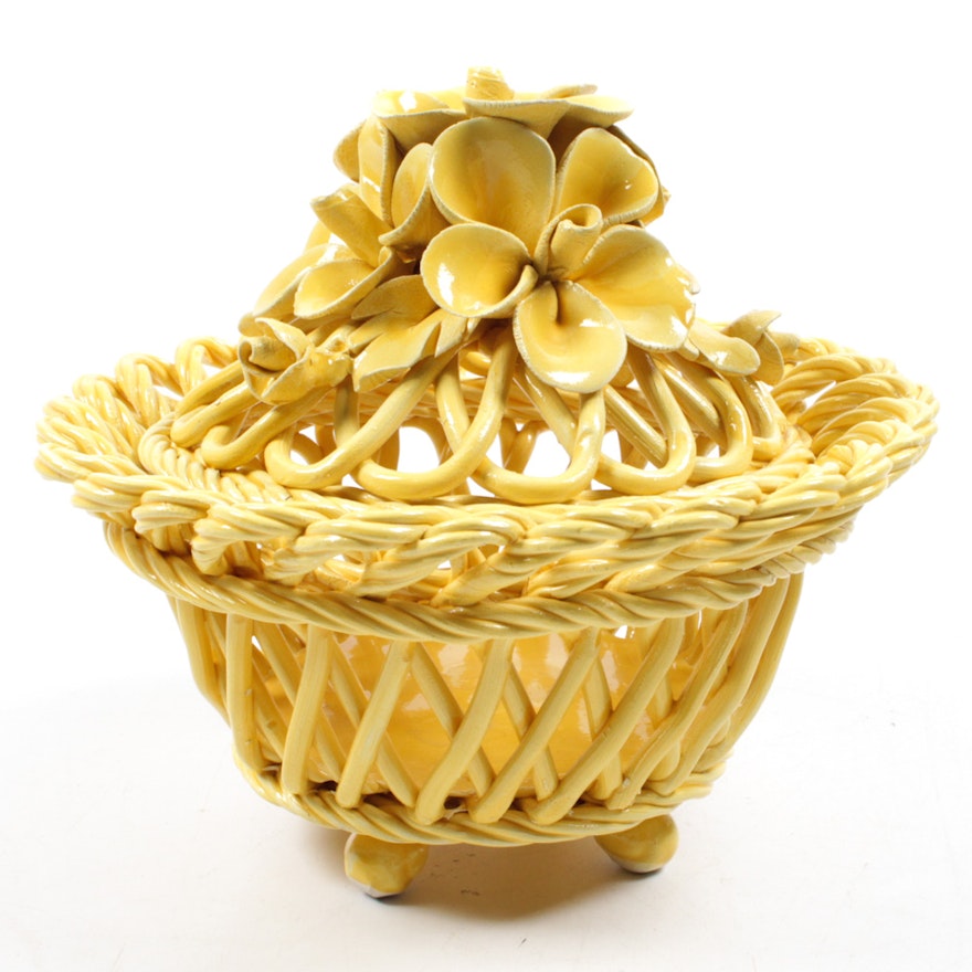 Italian Ceramic Floral Lidded Basket