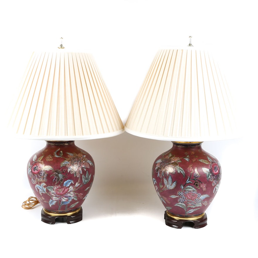 Asian Inspired Floral Moriage Ceramic Urn Table Lamps