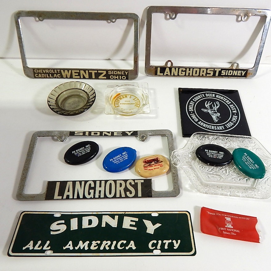 Sidney, Ohio Collectibles with License Plate Frames, Change Holders, Advertising