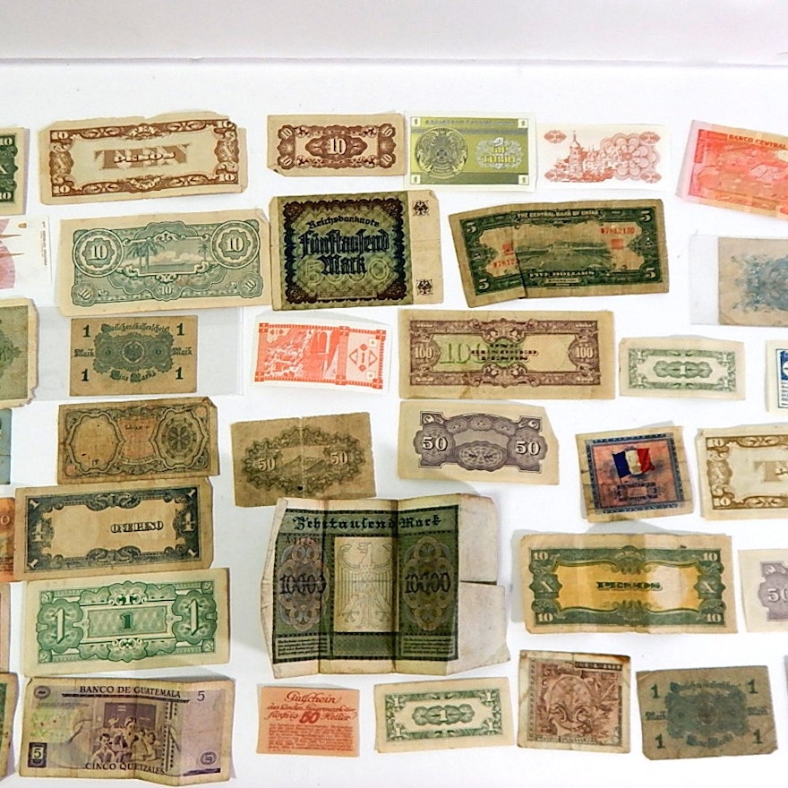 Vintage Foreign Currency with German, Japanese, France, Vietnam, More