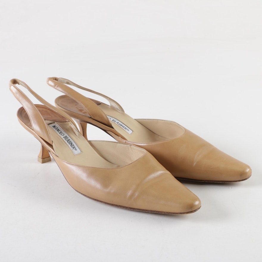 Manolo Blahnik Carolyne Beige Leather Slingback Kitten Heels