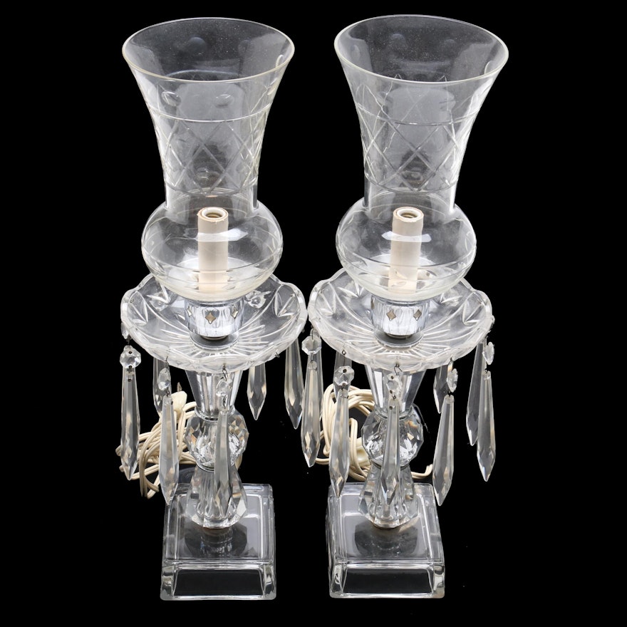 Cut Glass Hurricane Lamps with Hanging Prisms, Early to Mid-Century