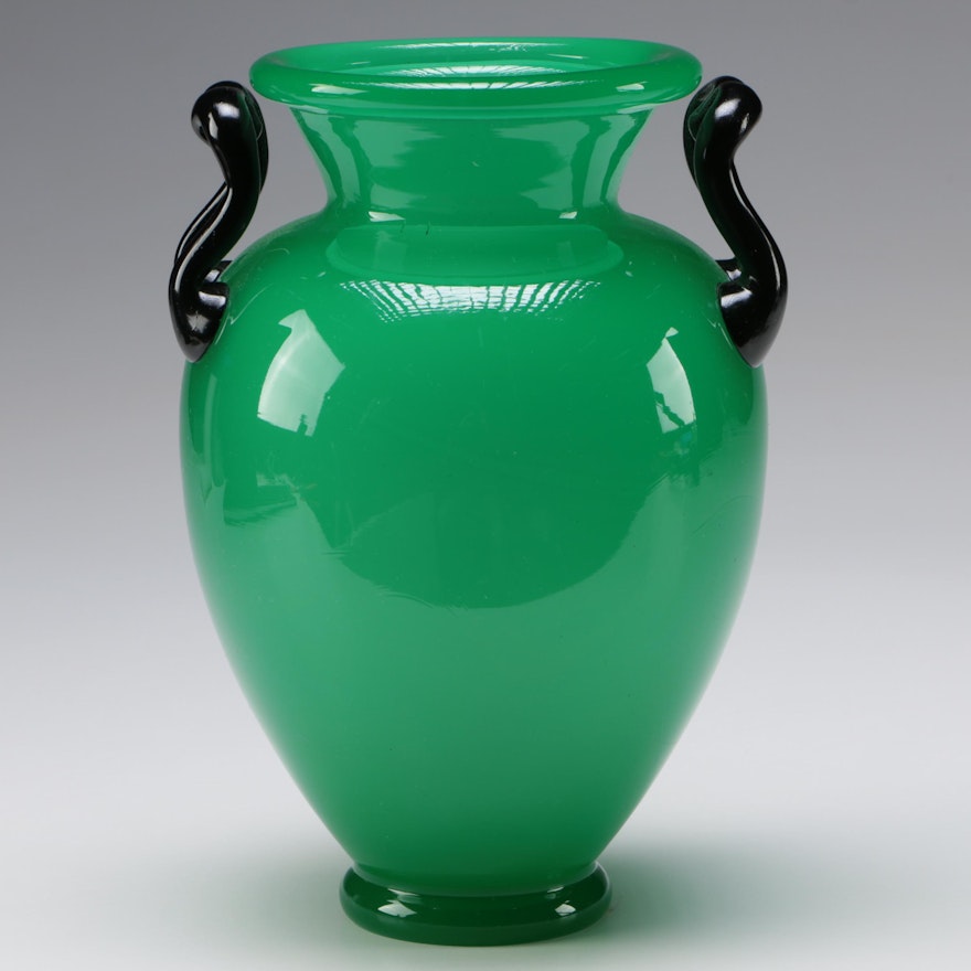 Steuben Jade Green Art Glass Vase with Mirror Black Handles, Early 20th Century