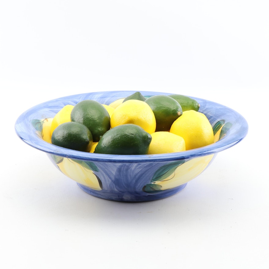 Baba Paul Hand-Painted Lemon Majolica Bowl with Artificial Fruit