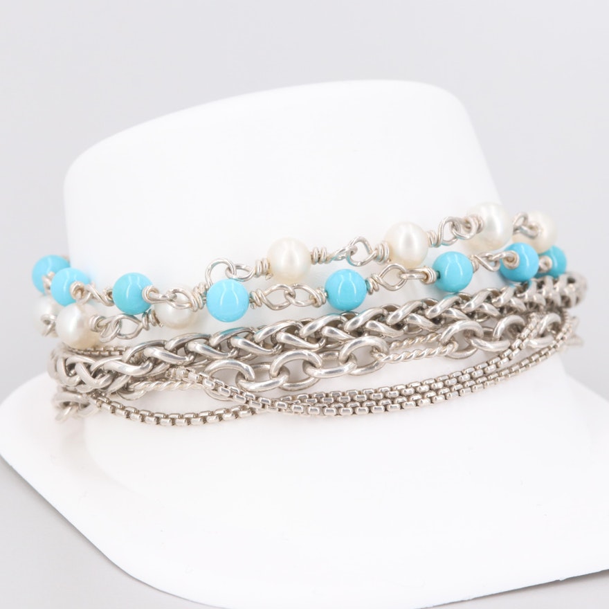 David Yurman Sterling Turquoise and Cultured Pearl Bracelet