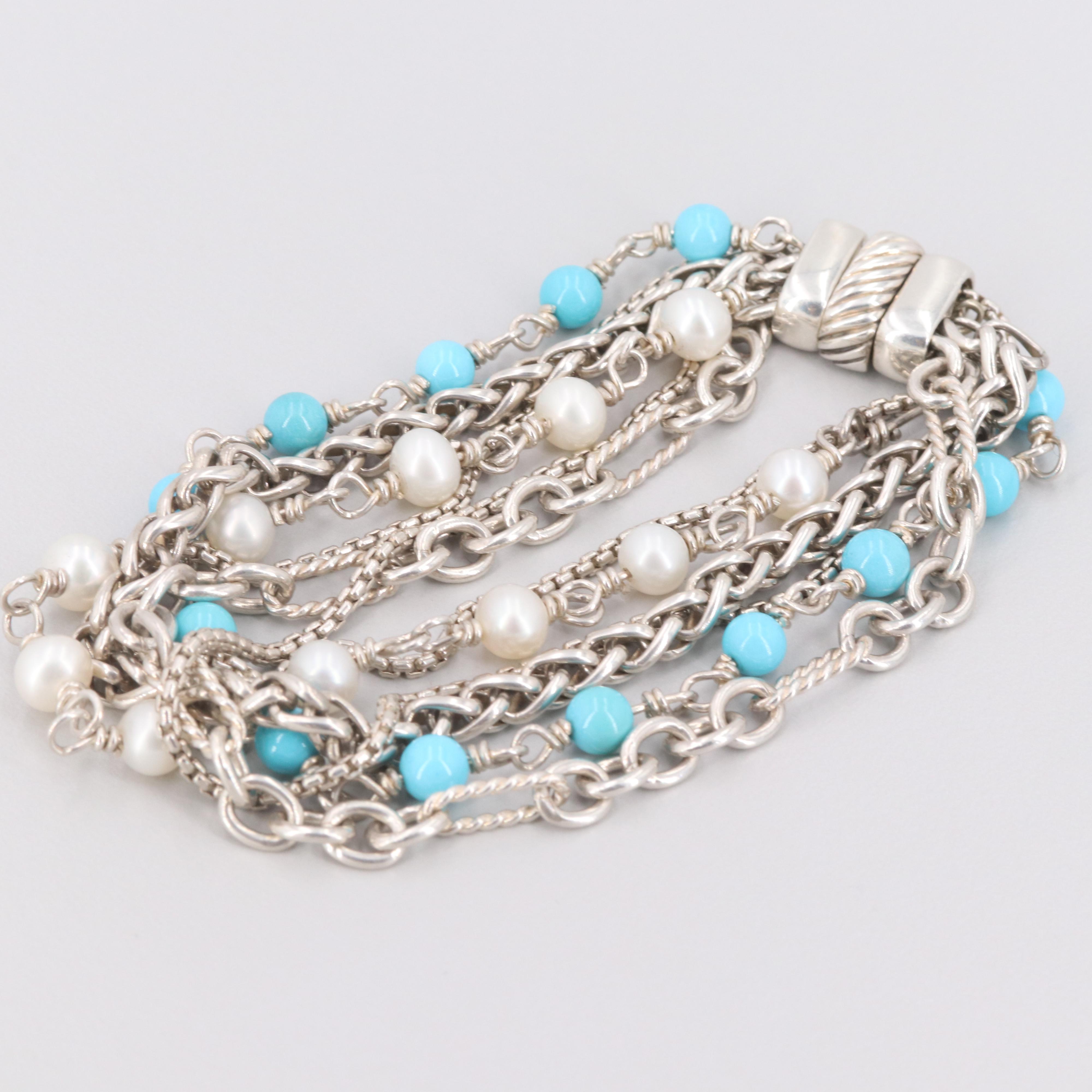 David Yurman Sterling Turquoise and Cultured Pearl Bracelet