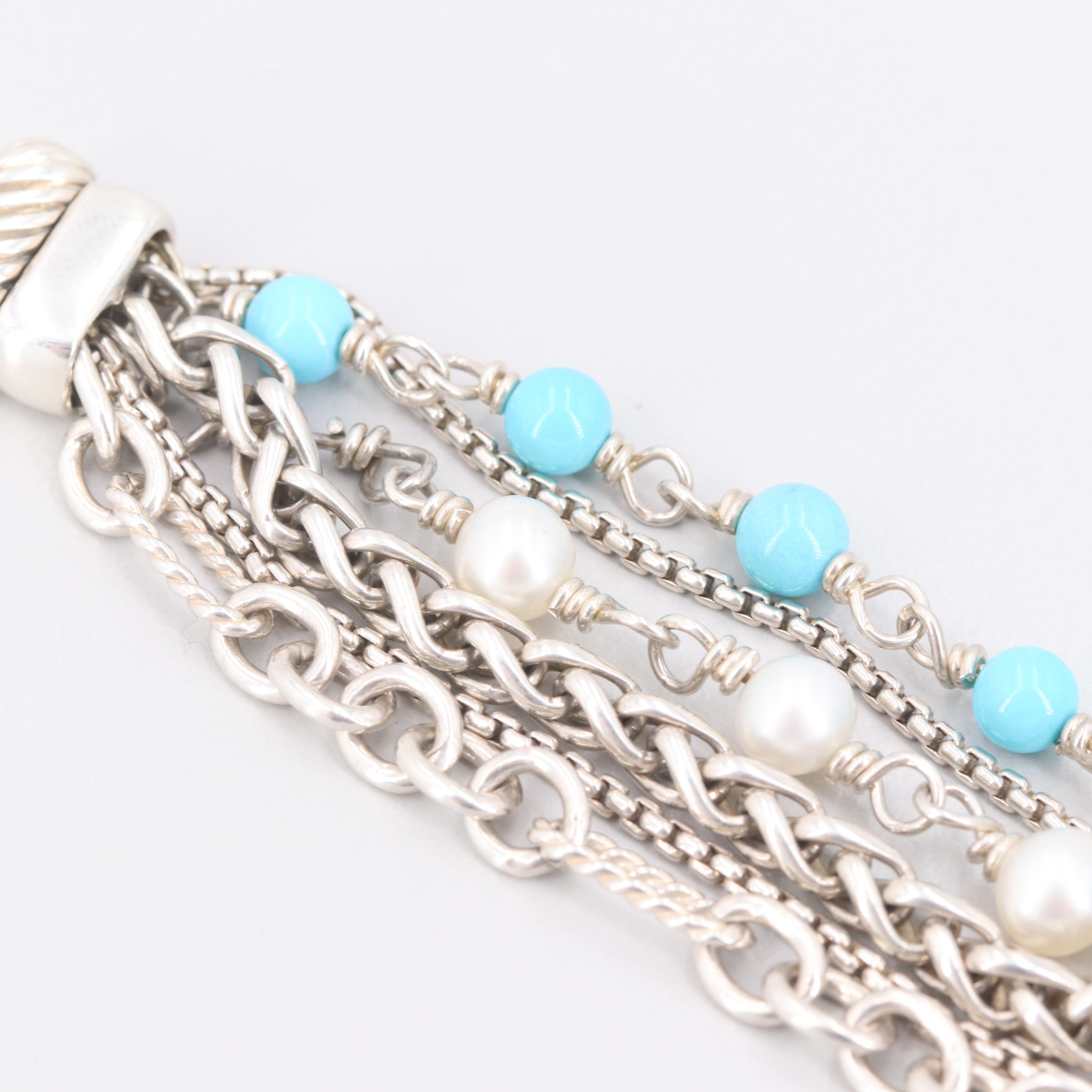 David Yurman Sterling Turquoise and Cultured Pearl Bracelet