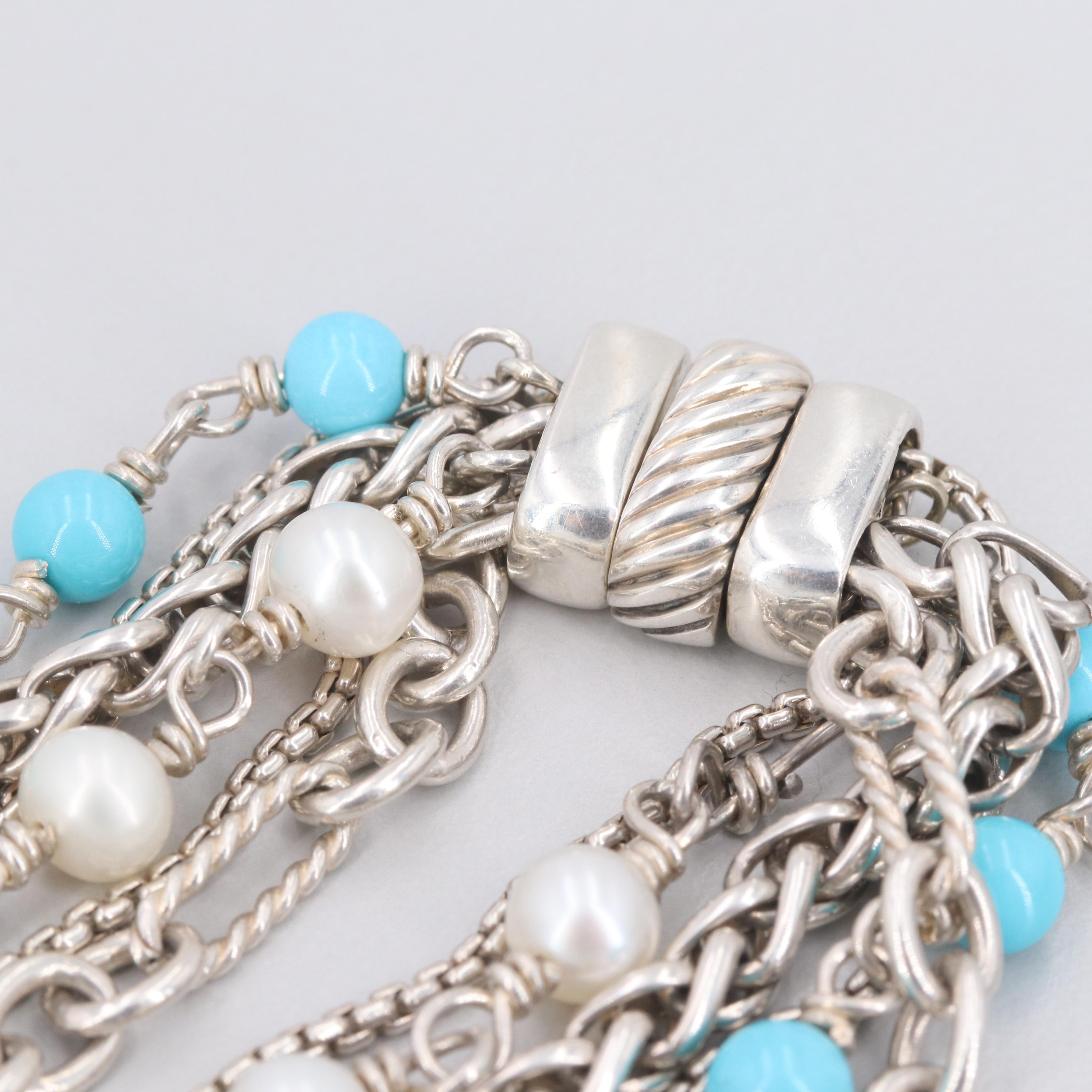 David Yurman Sterling Turquoise and Cultured Pearl Bracelet