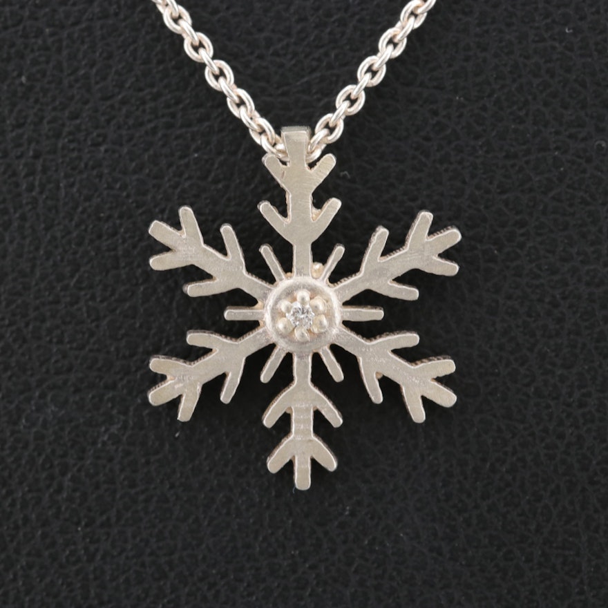 Sterling Silver Snowflake Diamond Pendant Necklace