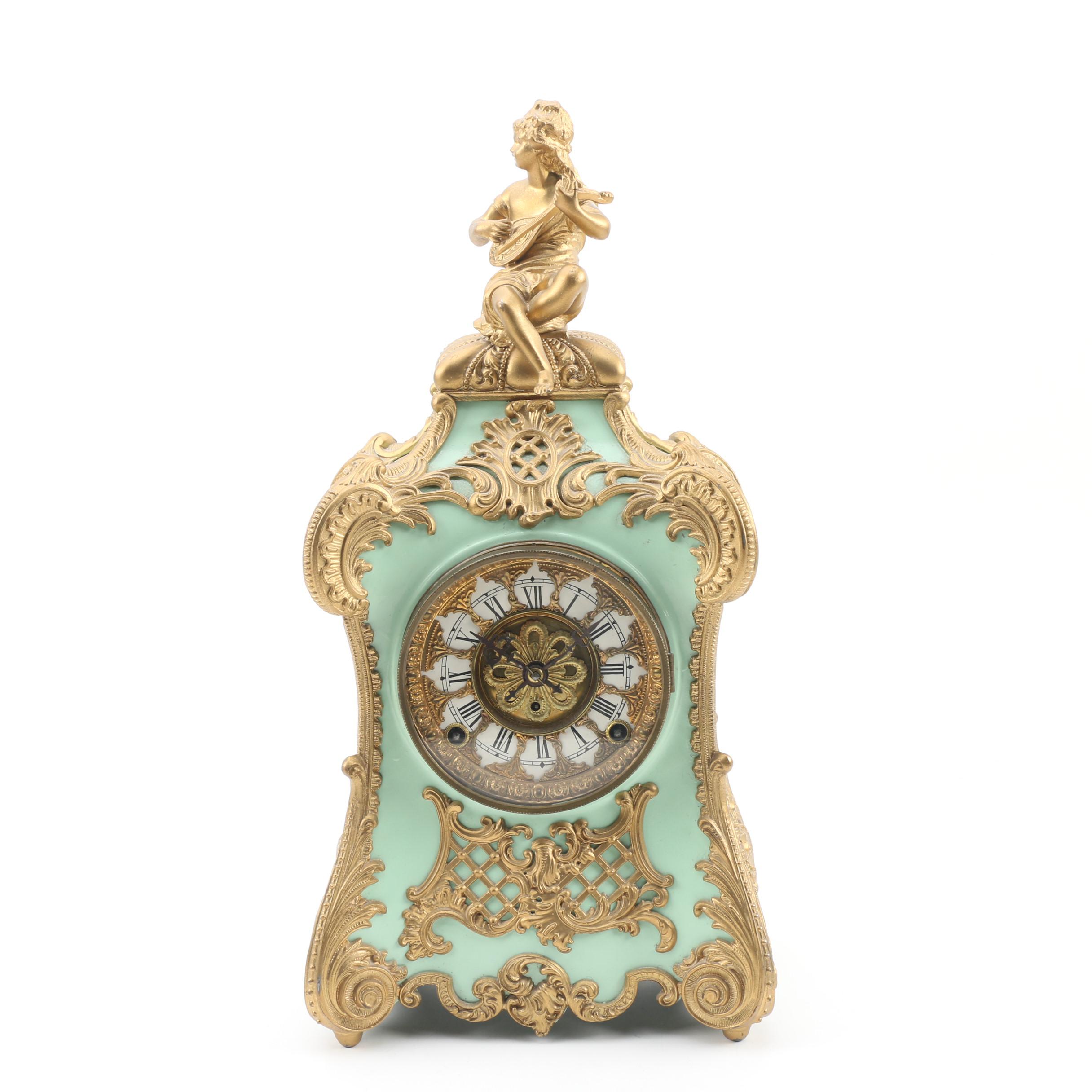 F. Kroeber "Pompadour" Gilt Enameled Cast Iron Mantle Clock