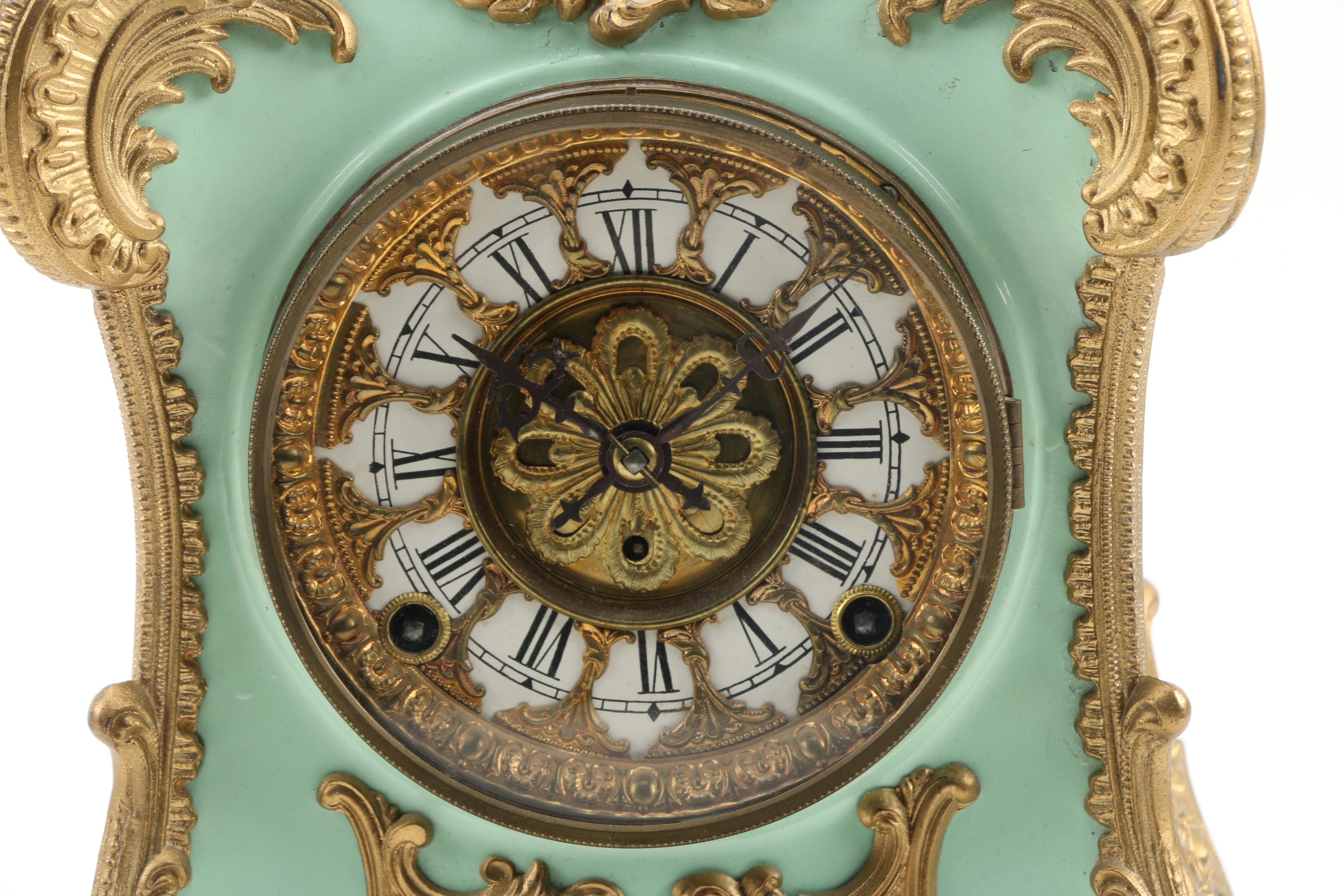 F. Kroeber "Pompadour" Gilt Enameled Cast Iron Mantle Clock