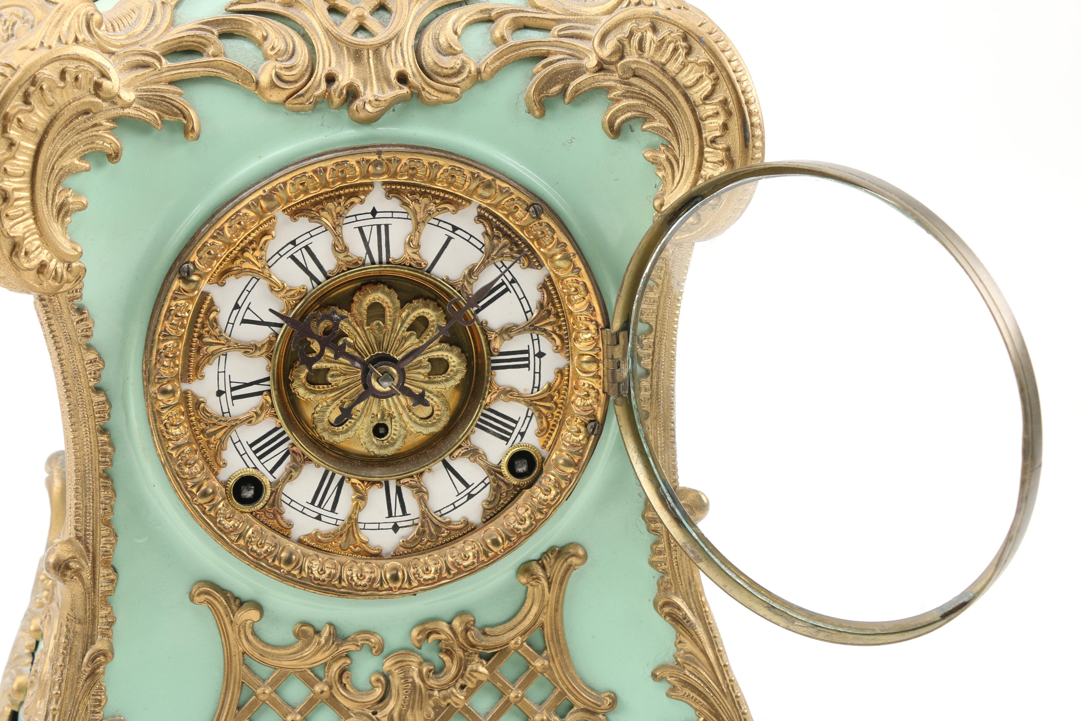 F. Kroeber "Pompadour" Gilt Enameled Cast Iron Mantle Clock