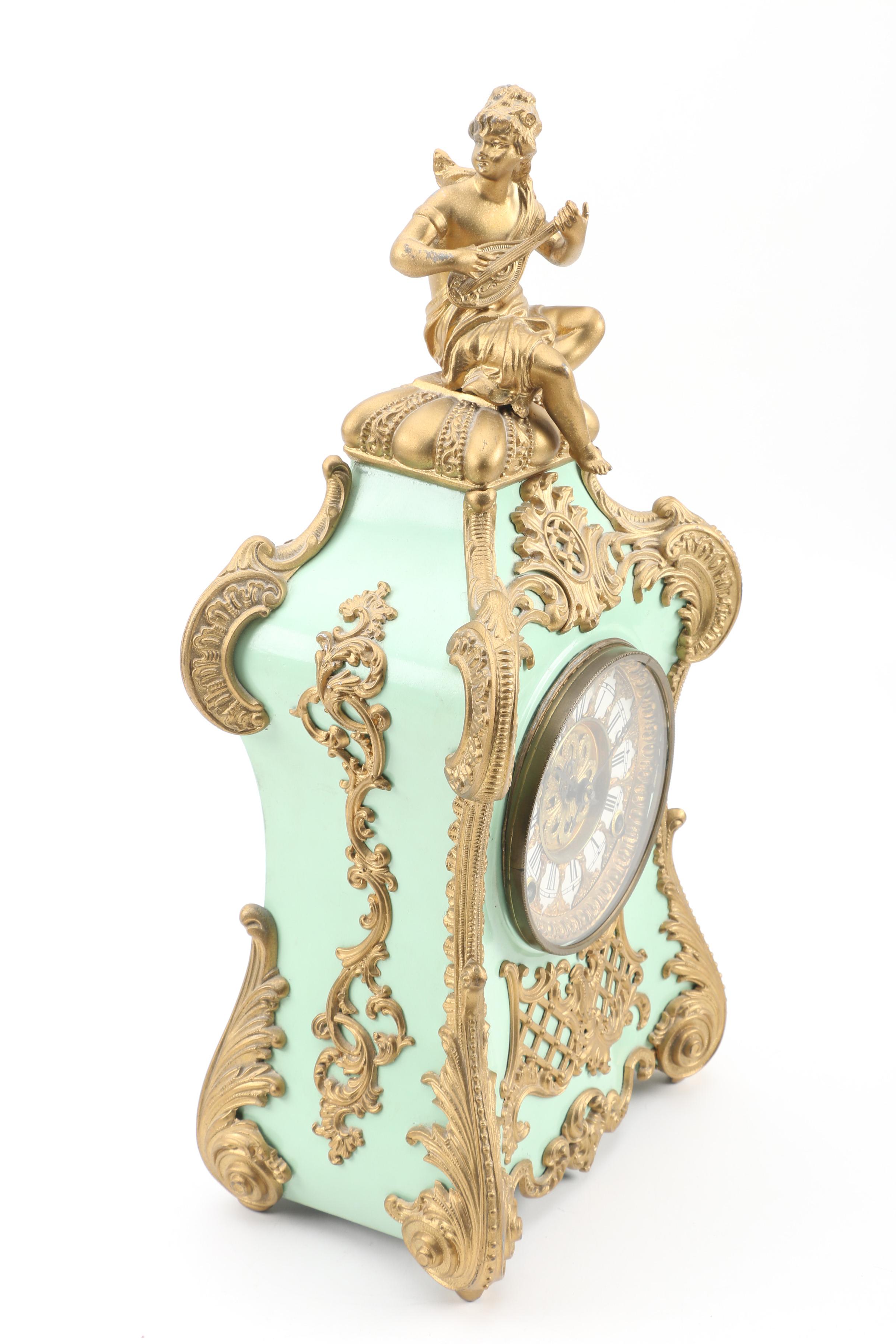 F. Kroeber "Pompadour" Gilt Enameled Cast Iron Mantle Clock