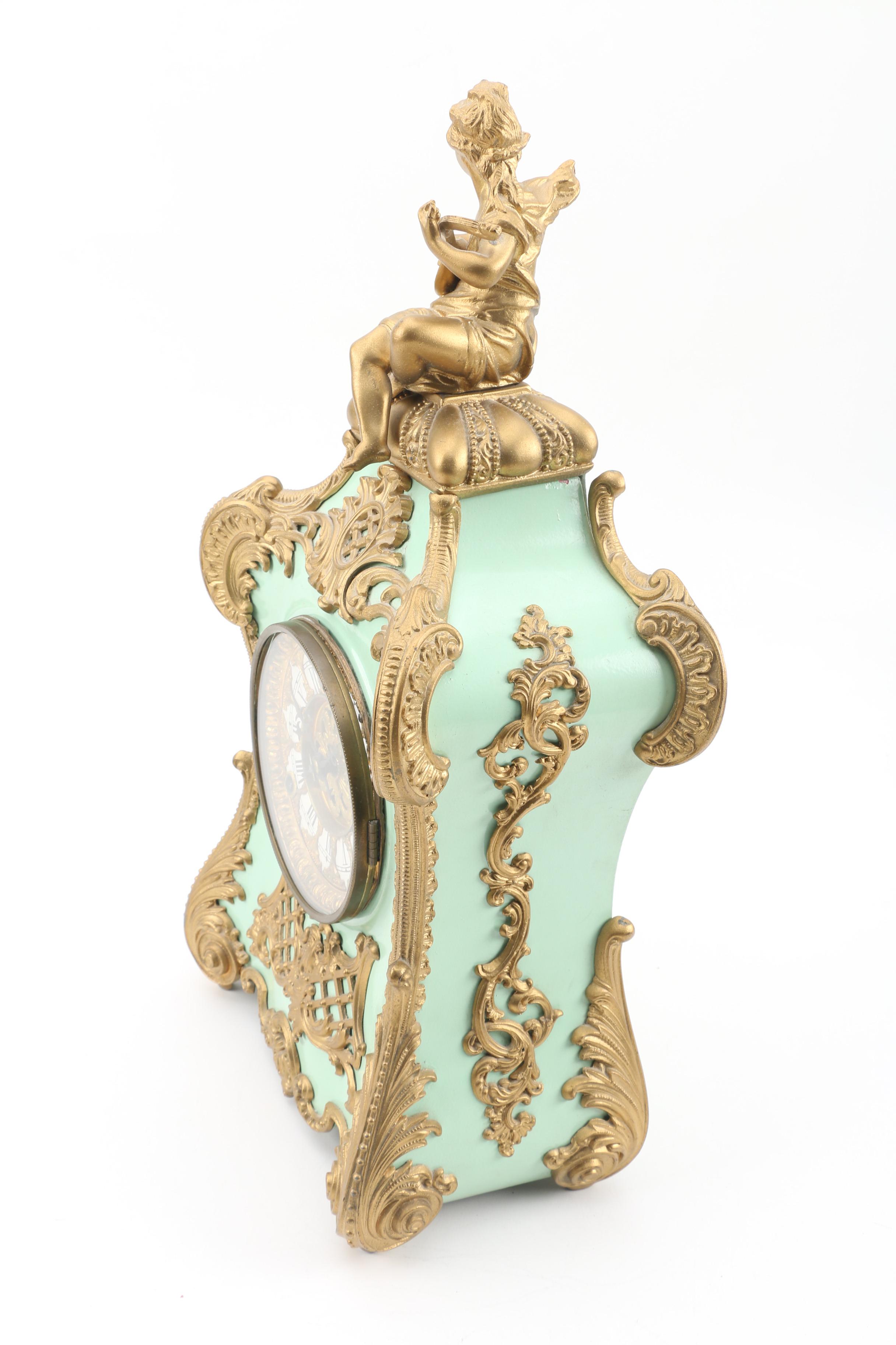 F. Kroeber "Pompadour" Gilt Enameled Cast Iron Mantle Clock