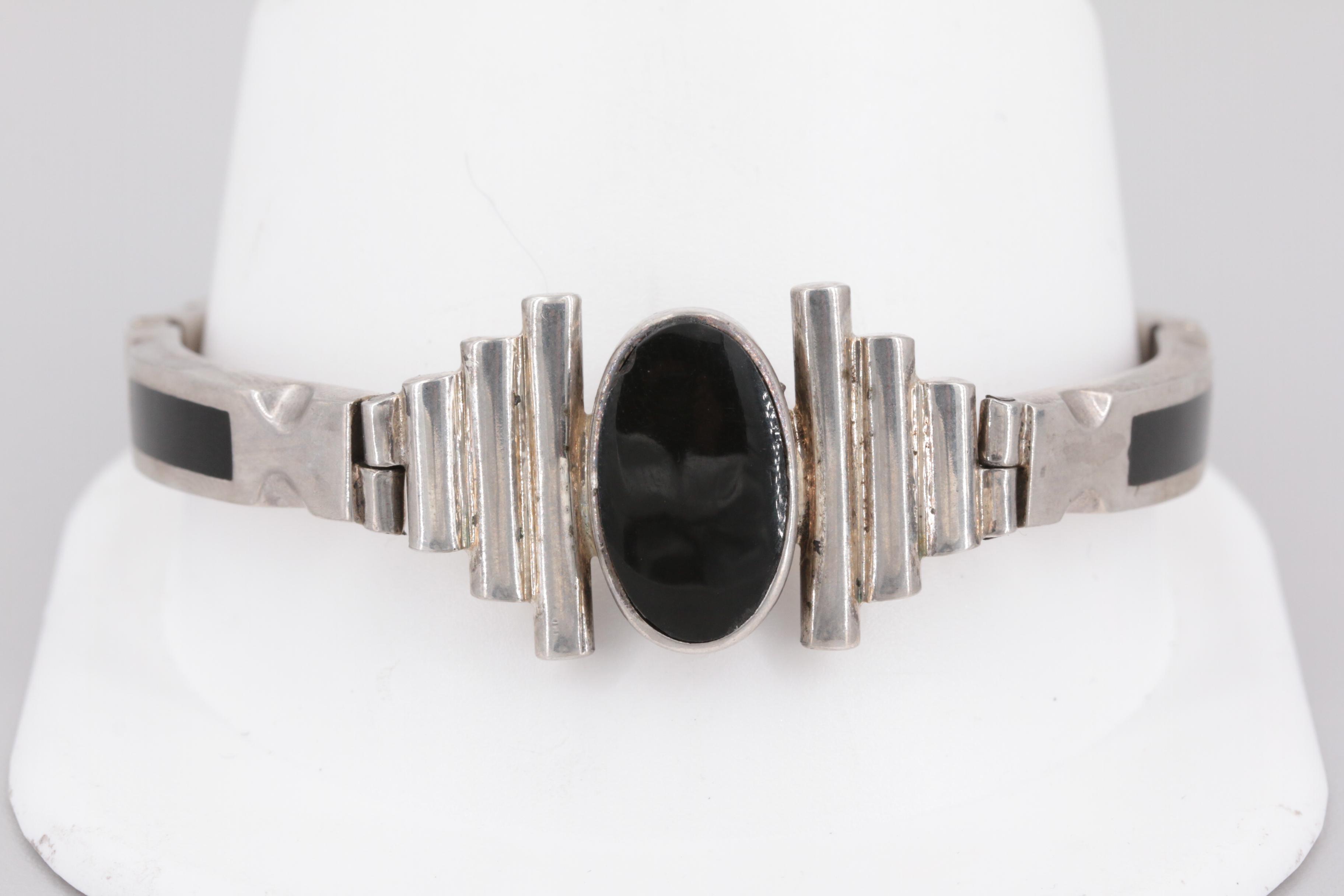 Mexican Sterling Silver Obsidian and Resin Bracelet