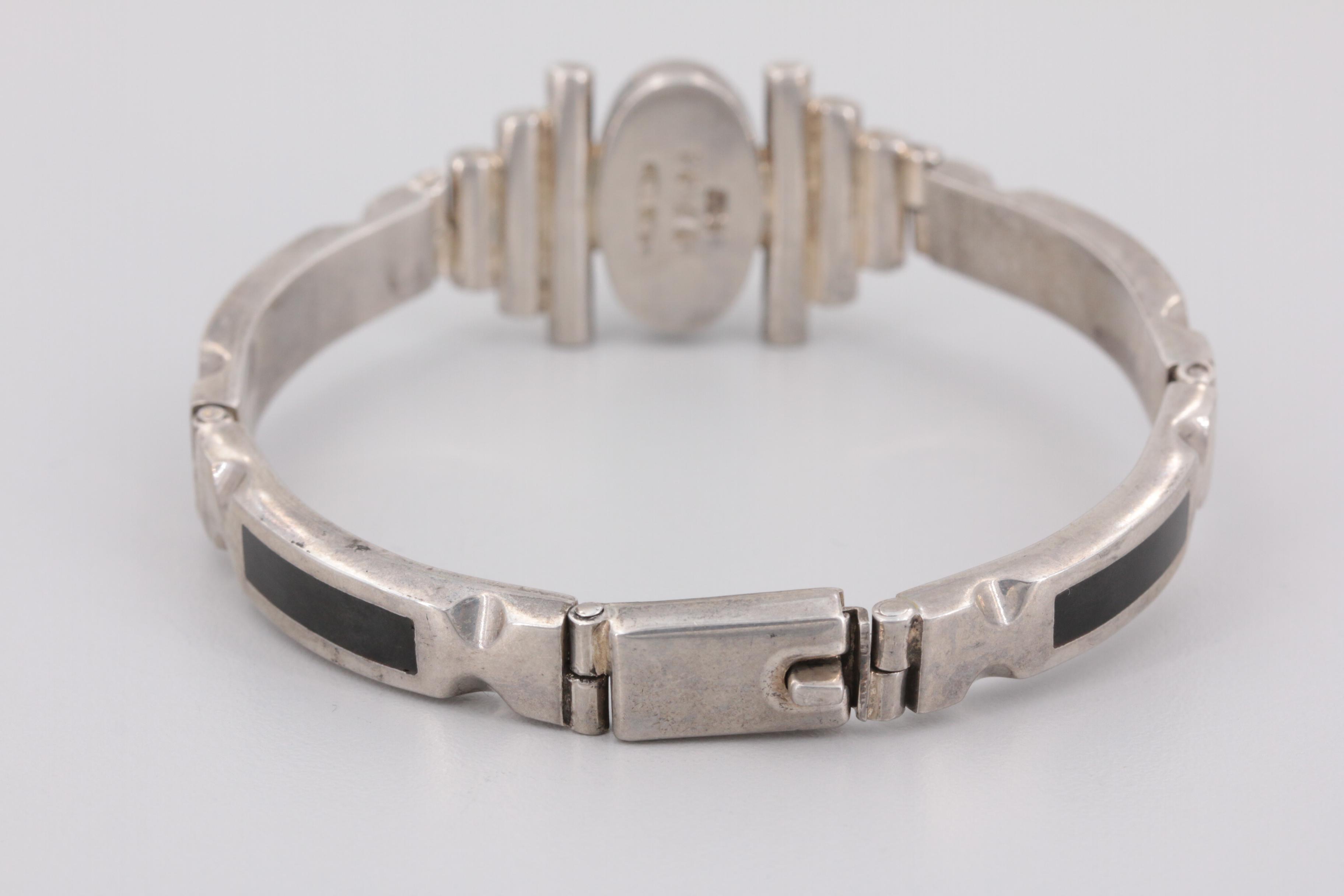 Mexican Sterling Silver Obsidian and Resin Bracelet