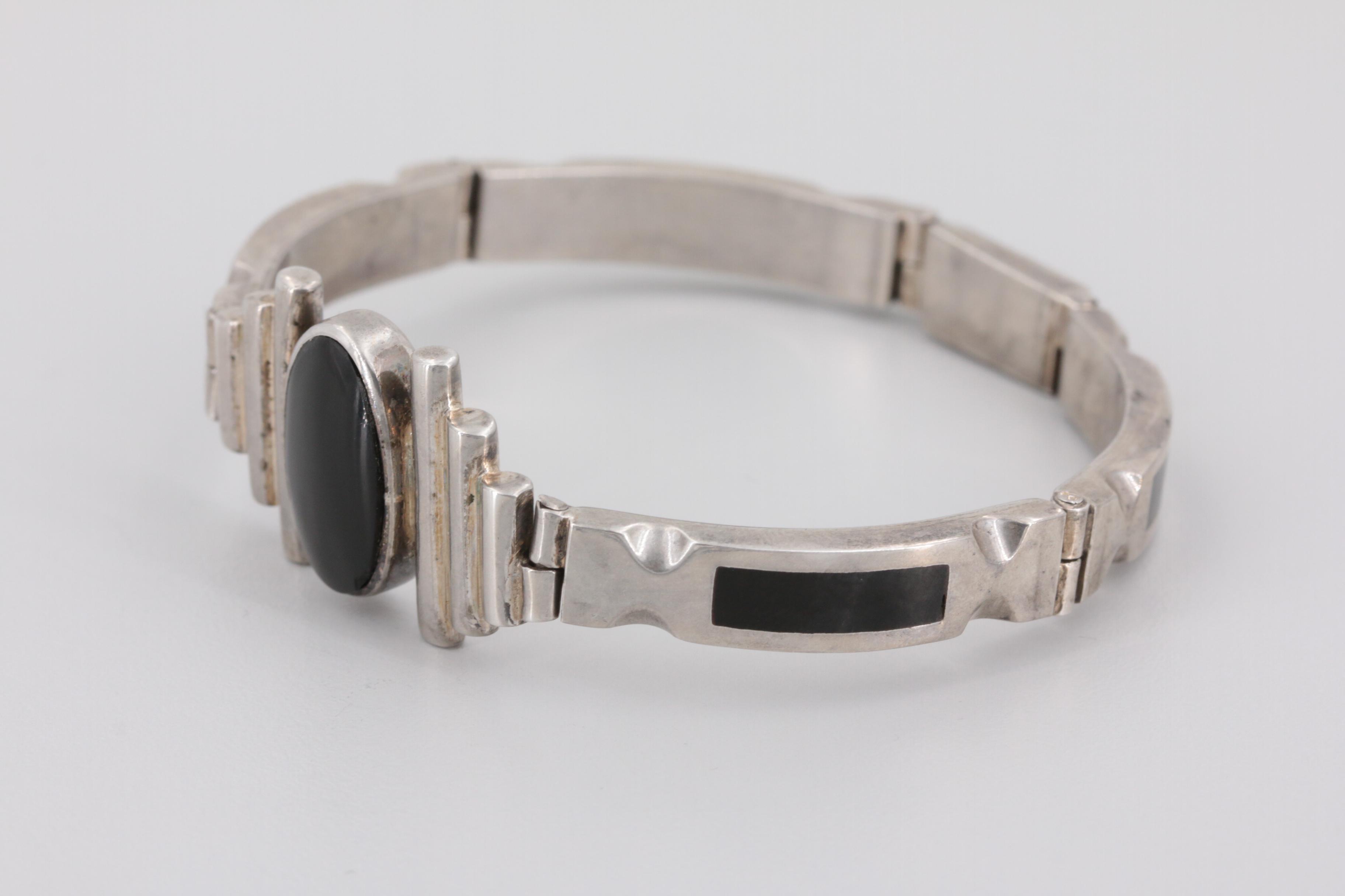 Mexican Sterling Silver Obsidian and Resin Bracelet