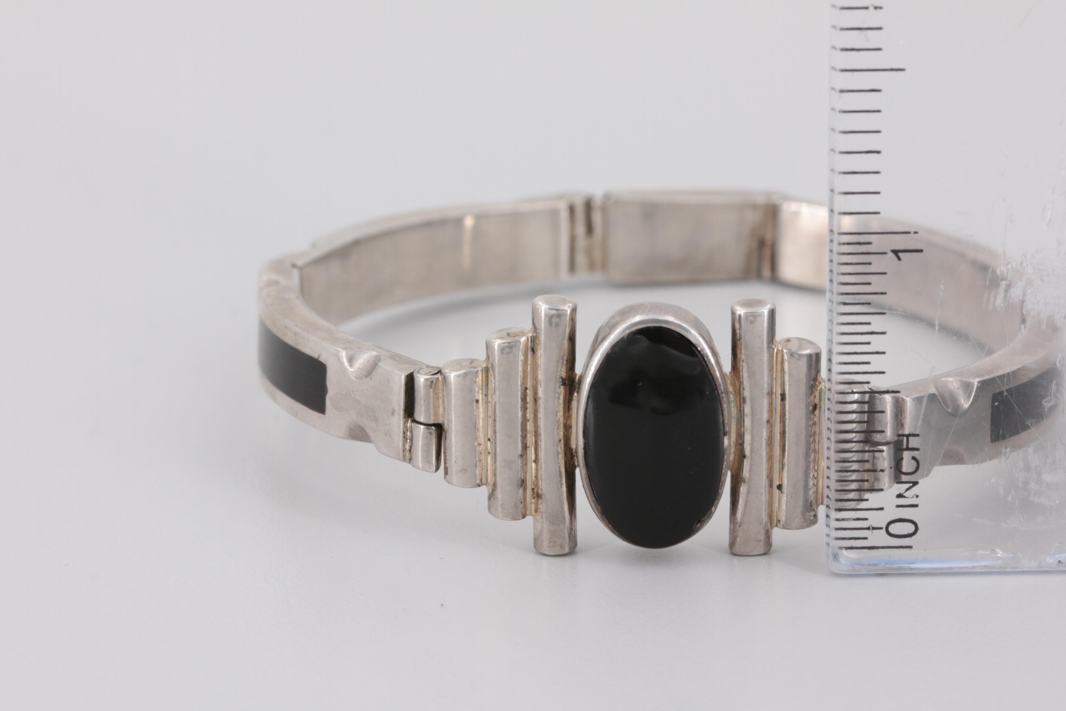 Mexican Sterling Silver Obsidian and Resin Bracelet
