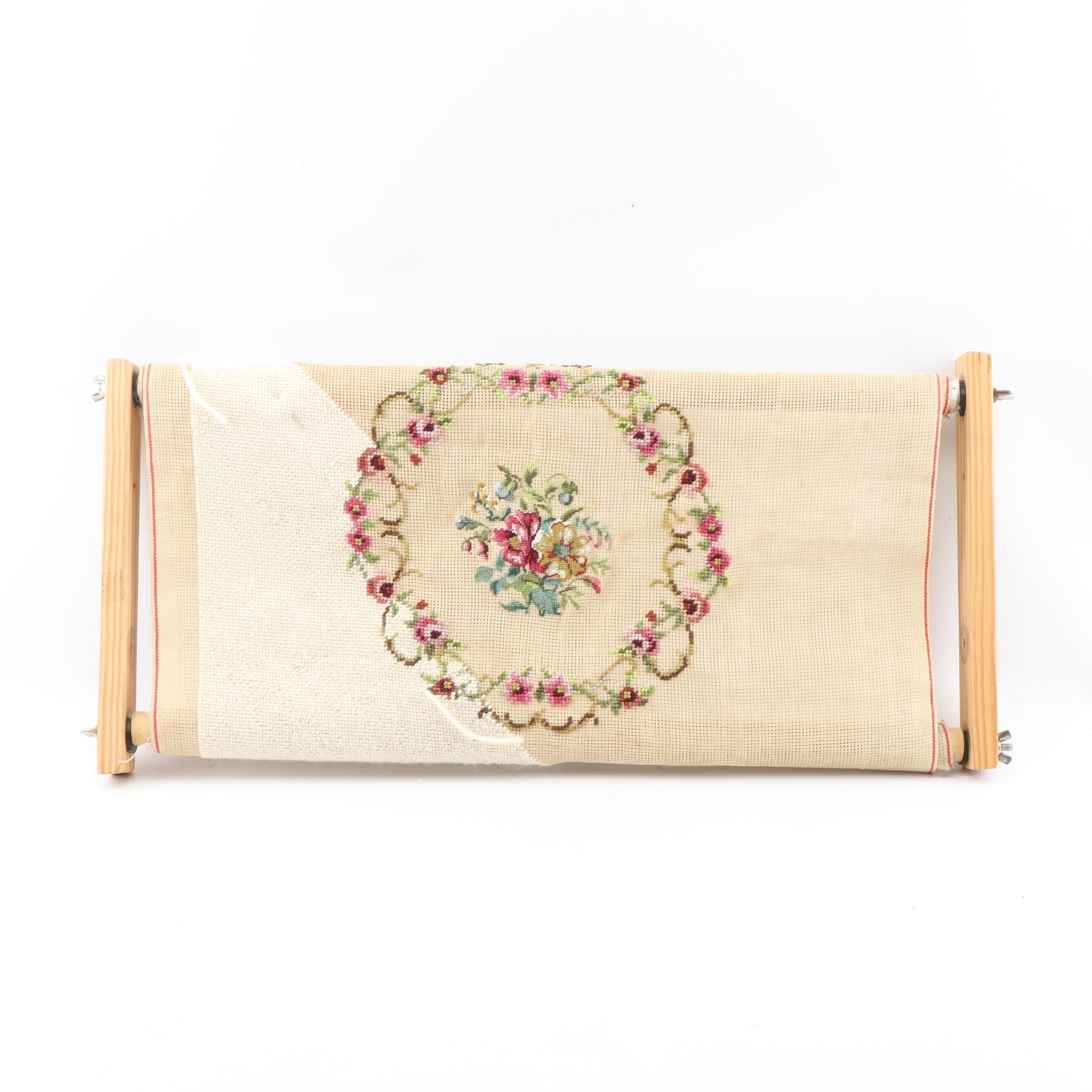 Unfinished Floral Needlepoint on Needlework Scroll Frame