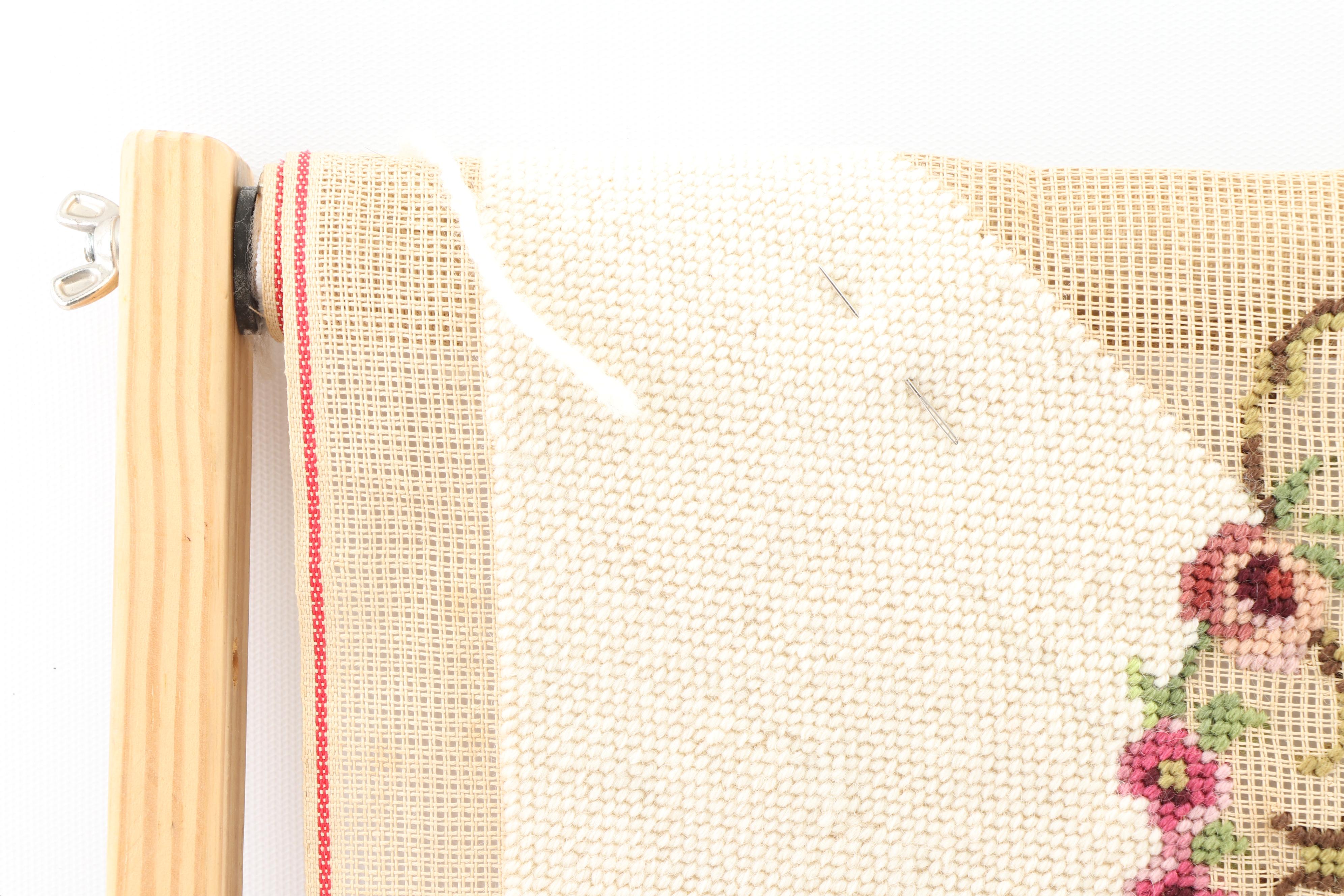 Unfinished Floral Needlepoint on Needlework Scroll Frame