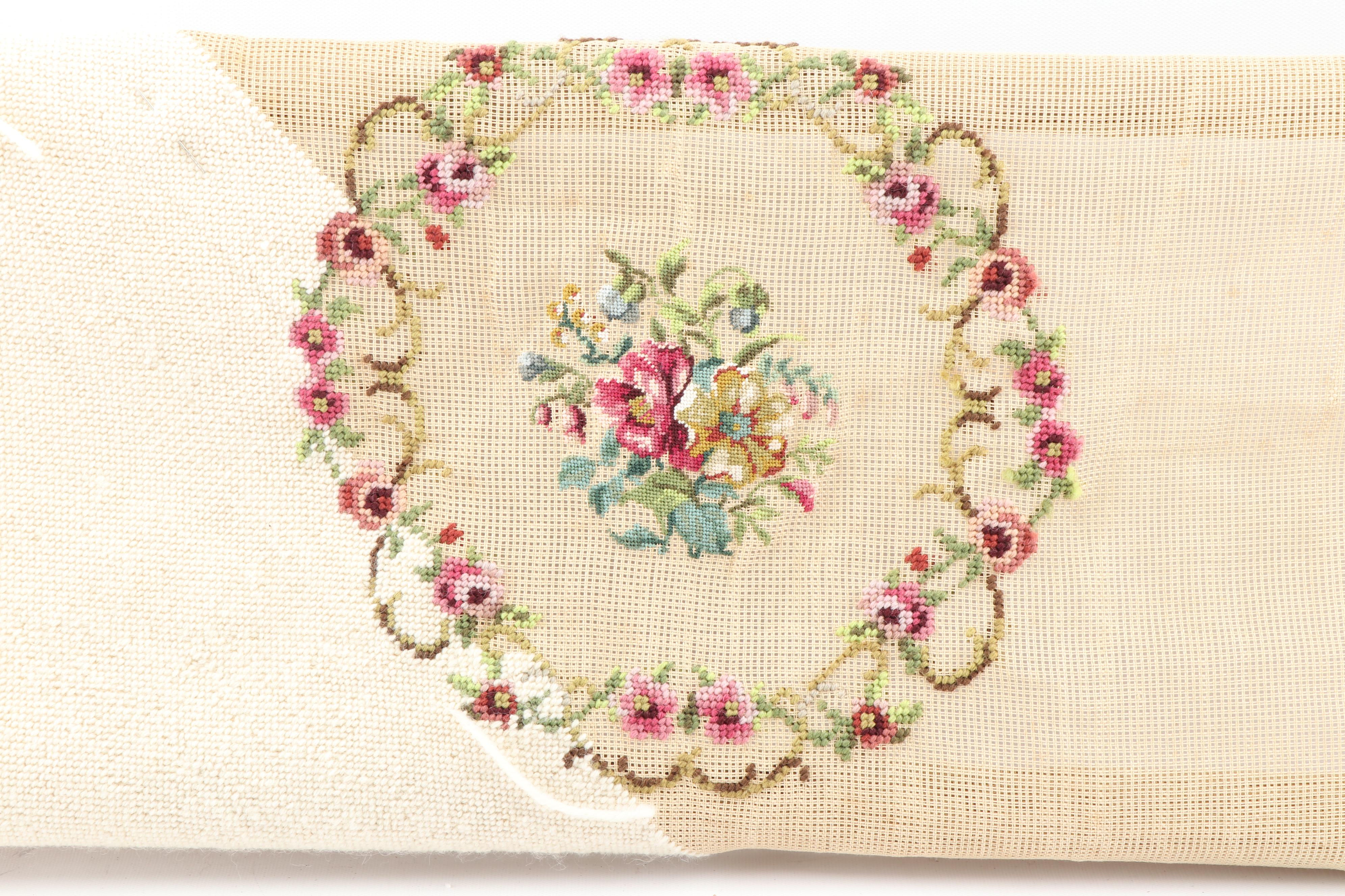 Unfinished Floral Needlepoint on Needlework Scroll Frame