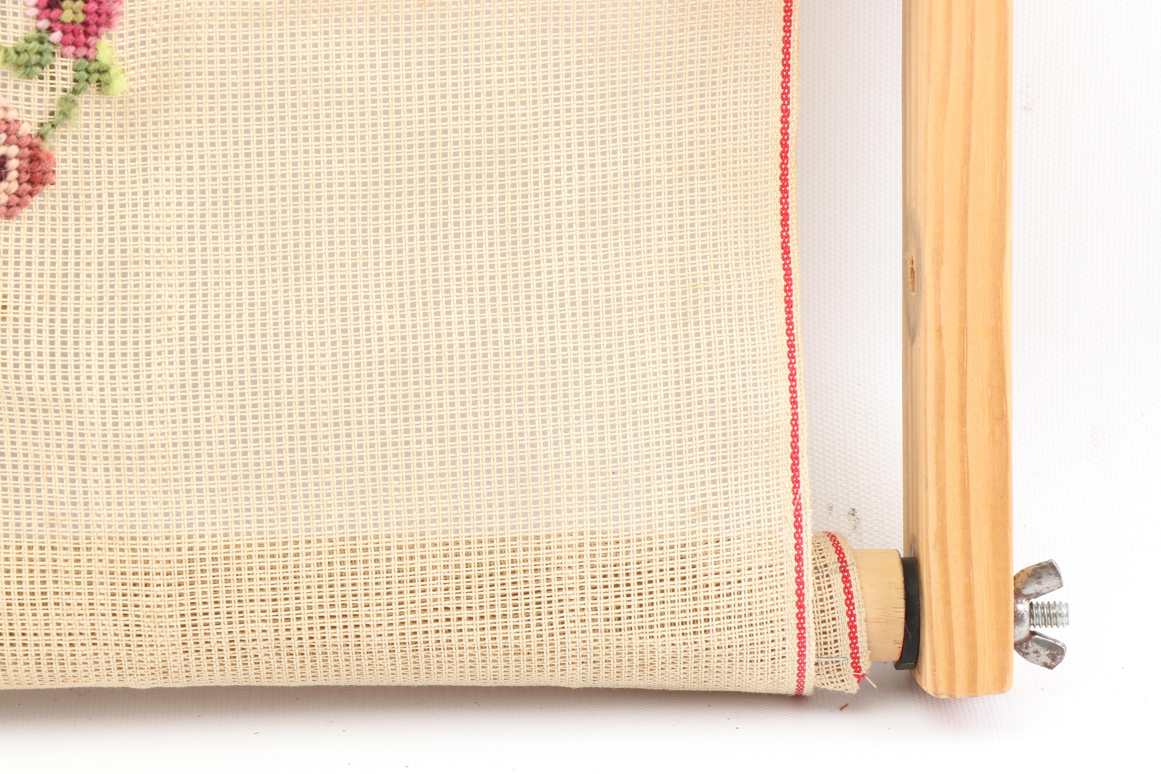 Unfinished Floral Needlepoint on Needlework Scroll Frame