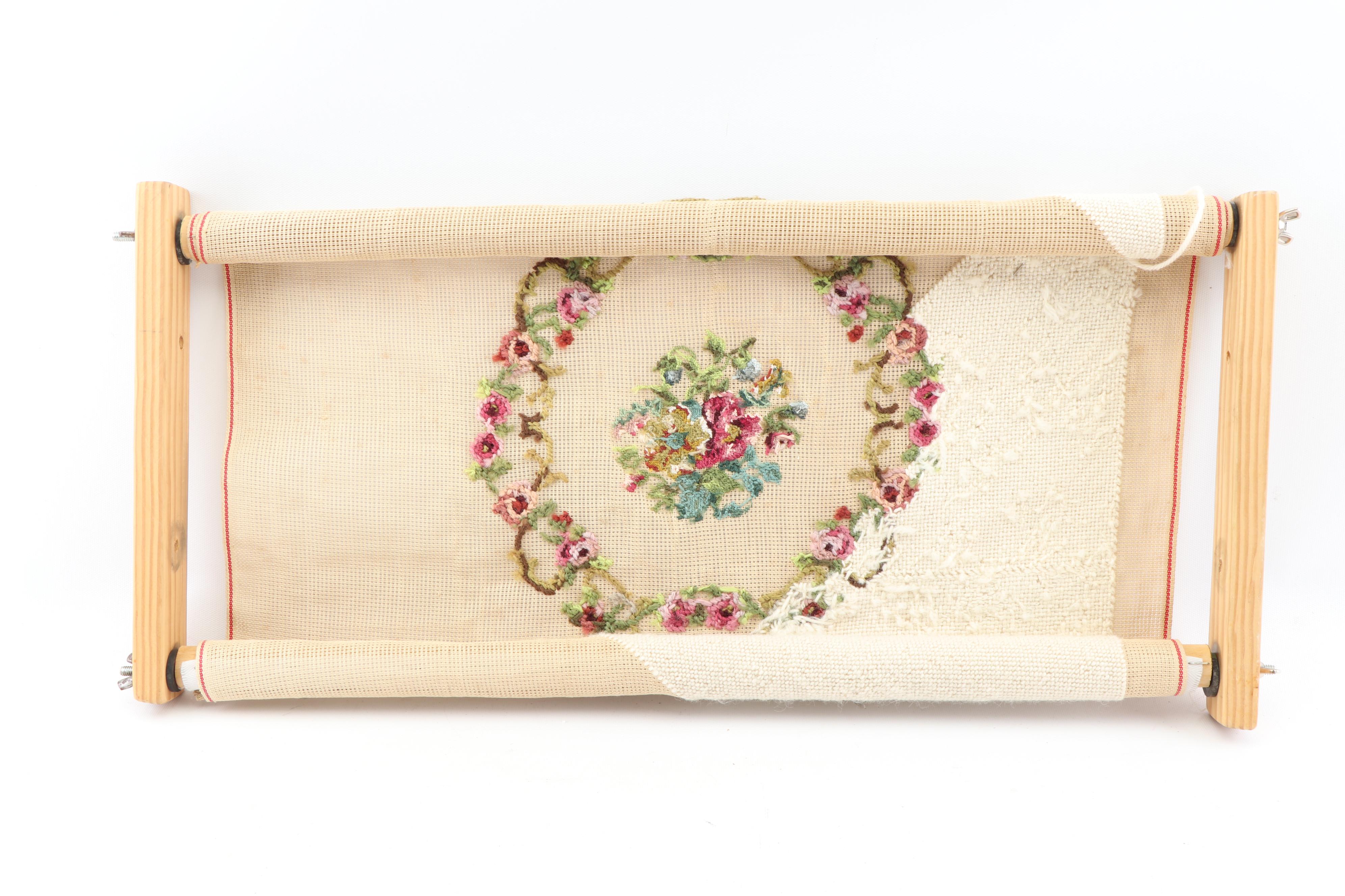 Unfinished Floral Needlepoint on Needlework Scroll Frame