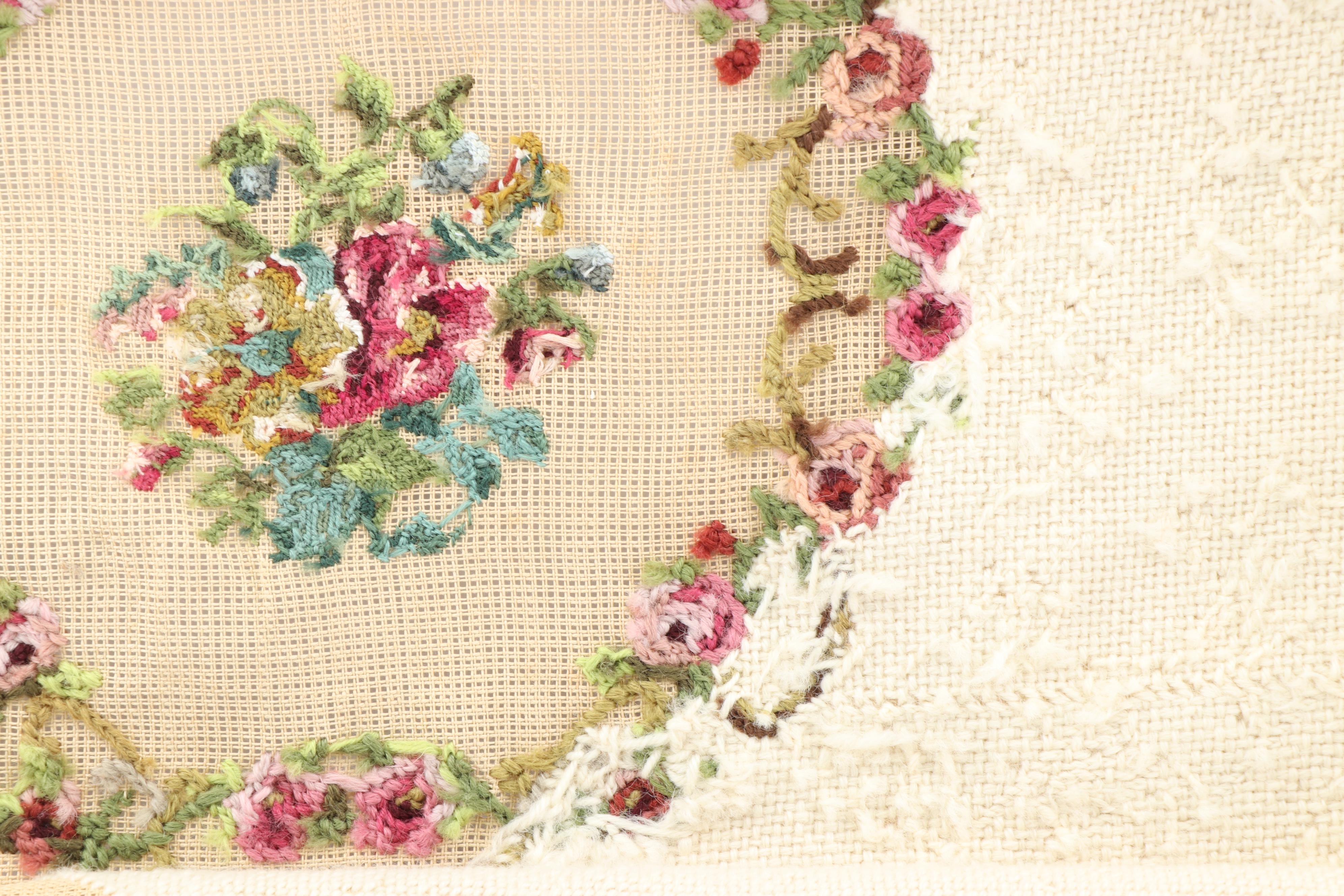 Unfinished Floral Needlepoint on Needlework Scroll Frame