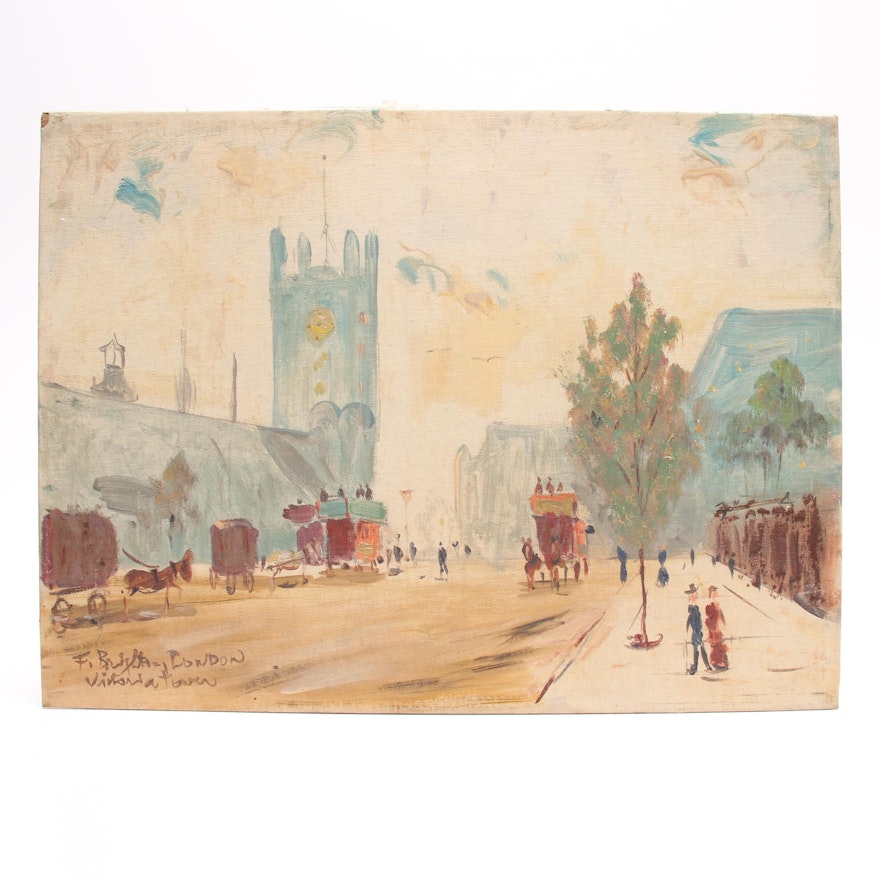 Vintage Oil Painting of London Street Scene