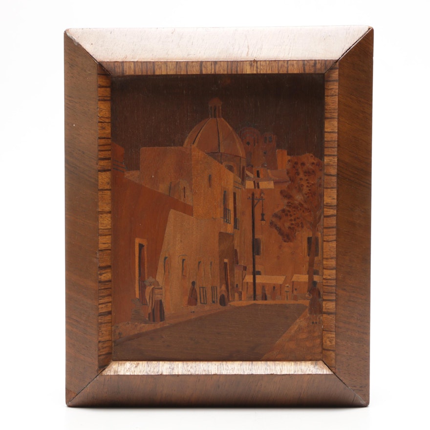 Mexican Wooden Inlaid Marquetry Panel of Street Scene