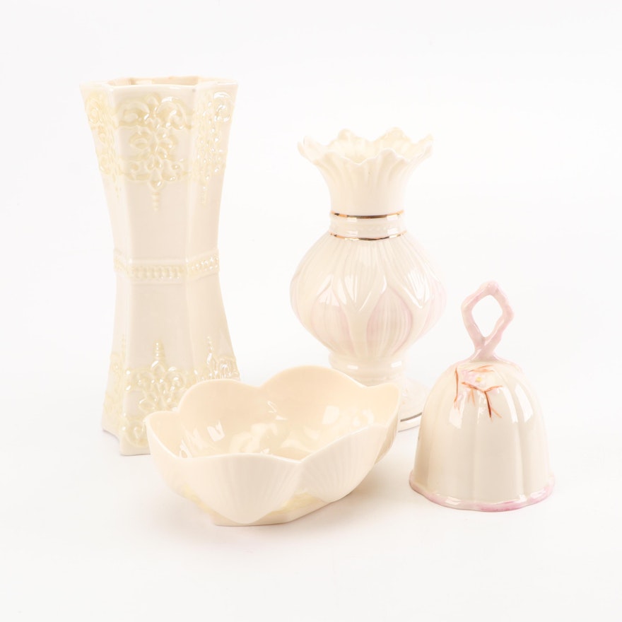 Belleek "Lotus Blossom" Vase, "Cherry Blossom" Bell, with Bowl and Vase