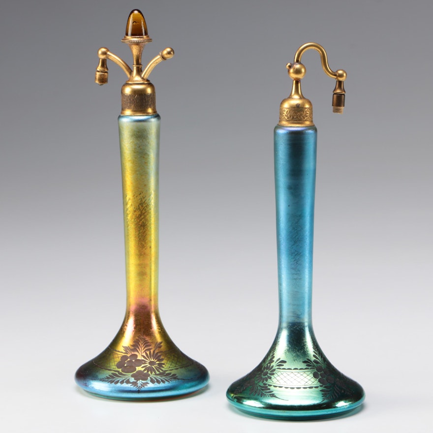 Steuben Blue and Gold Aurene DeVilbiss Art Glass Atomizers, Early 20th Century