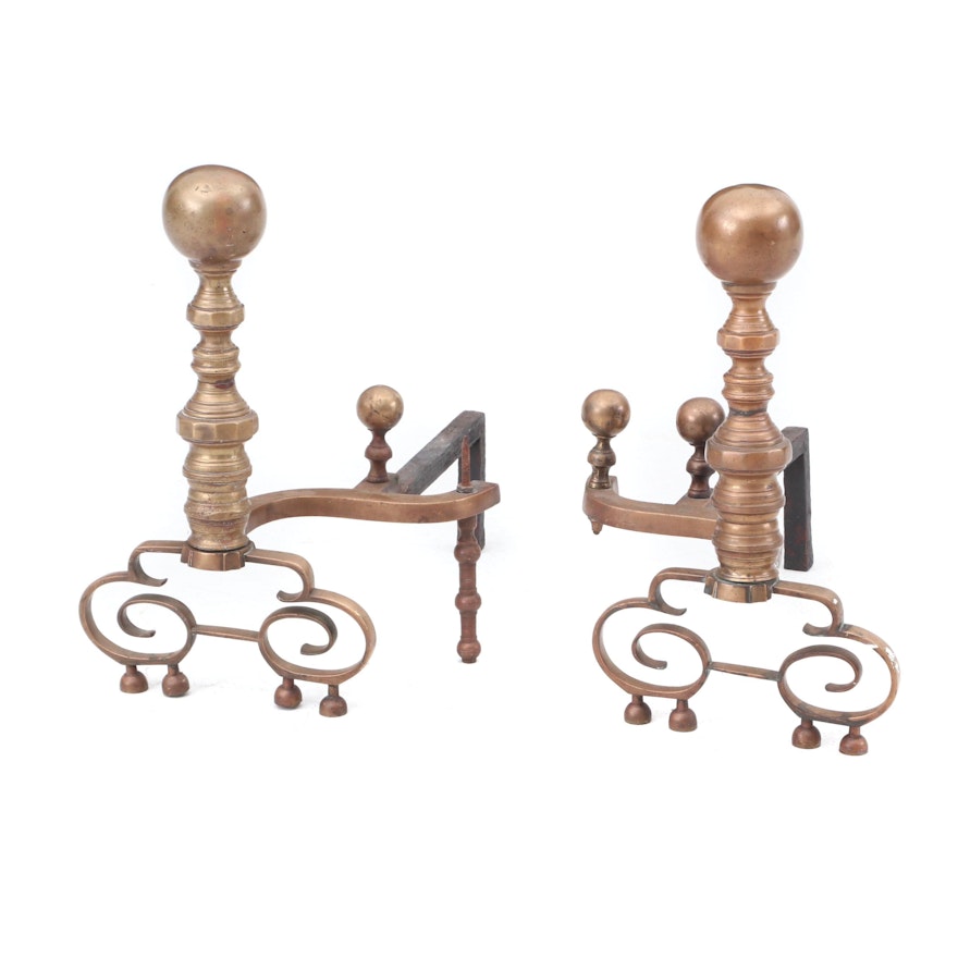 Victorian Style Brass Ball Top Andirons, Early 20th Century