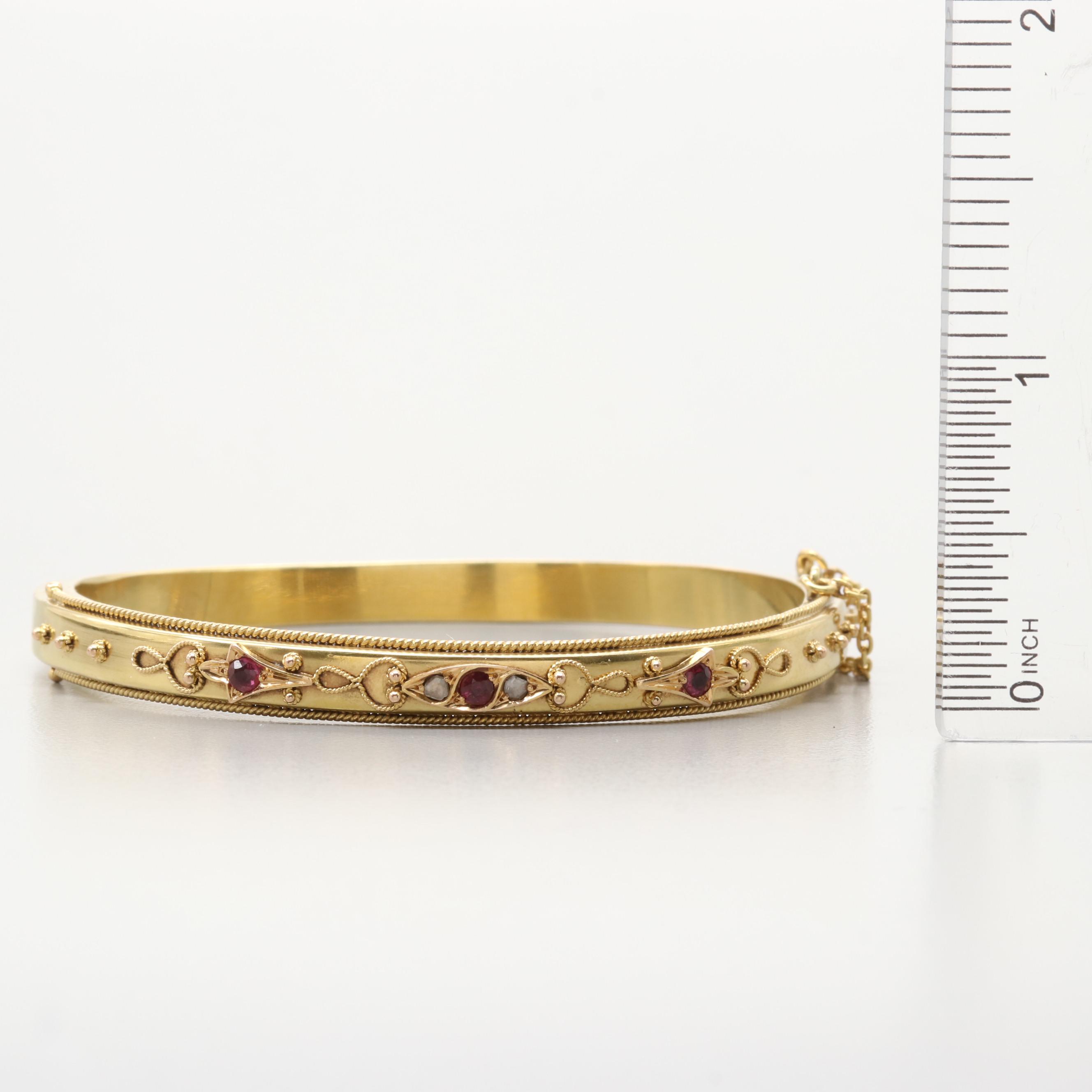 Victorian Etruscan Revival 15K Yellow Gold Gem Bangle Bracelet