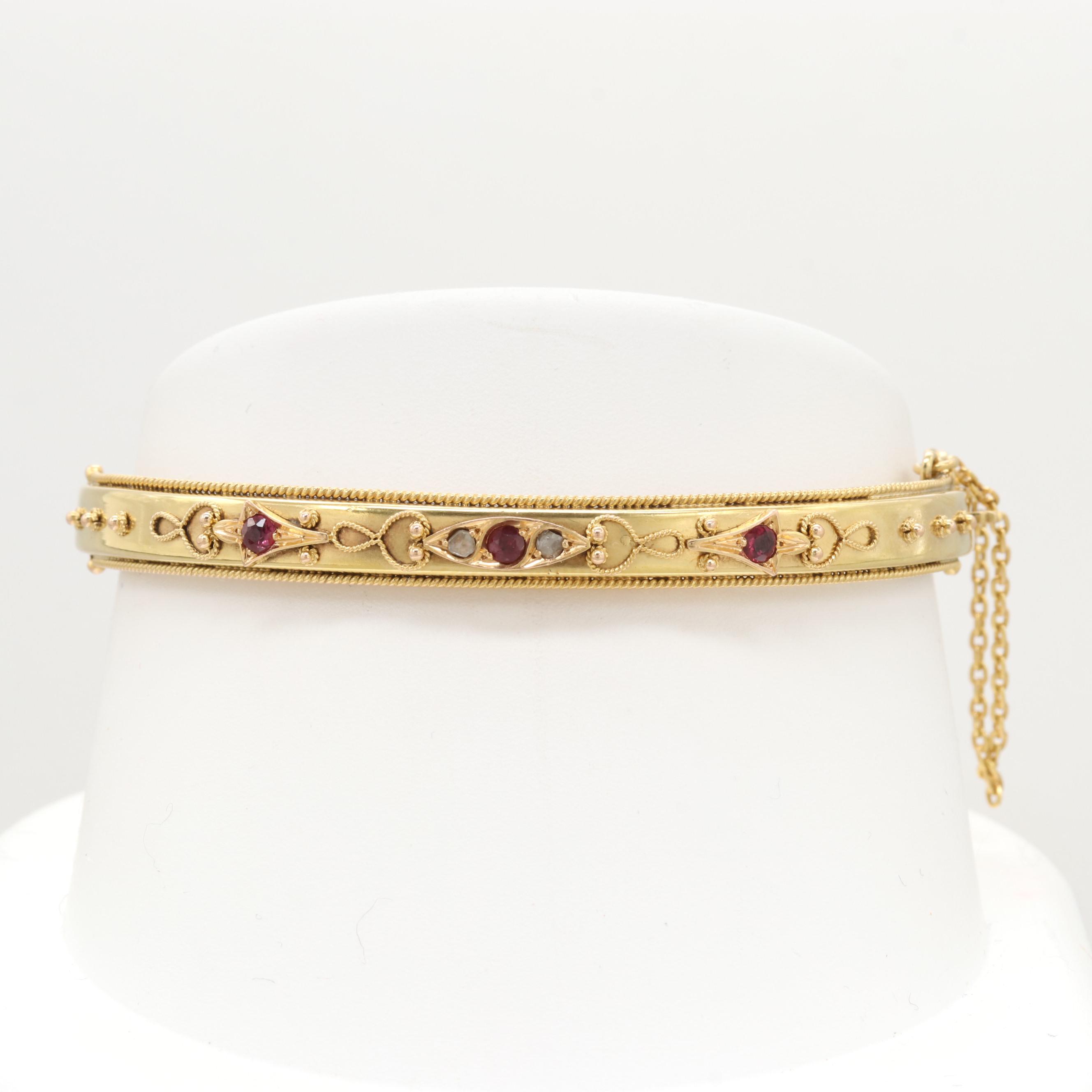 Victorian Etruscan Revival 15K Yellow Gold Gem Bangle Bracelet