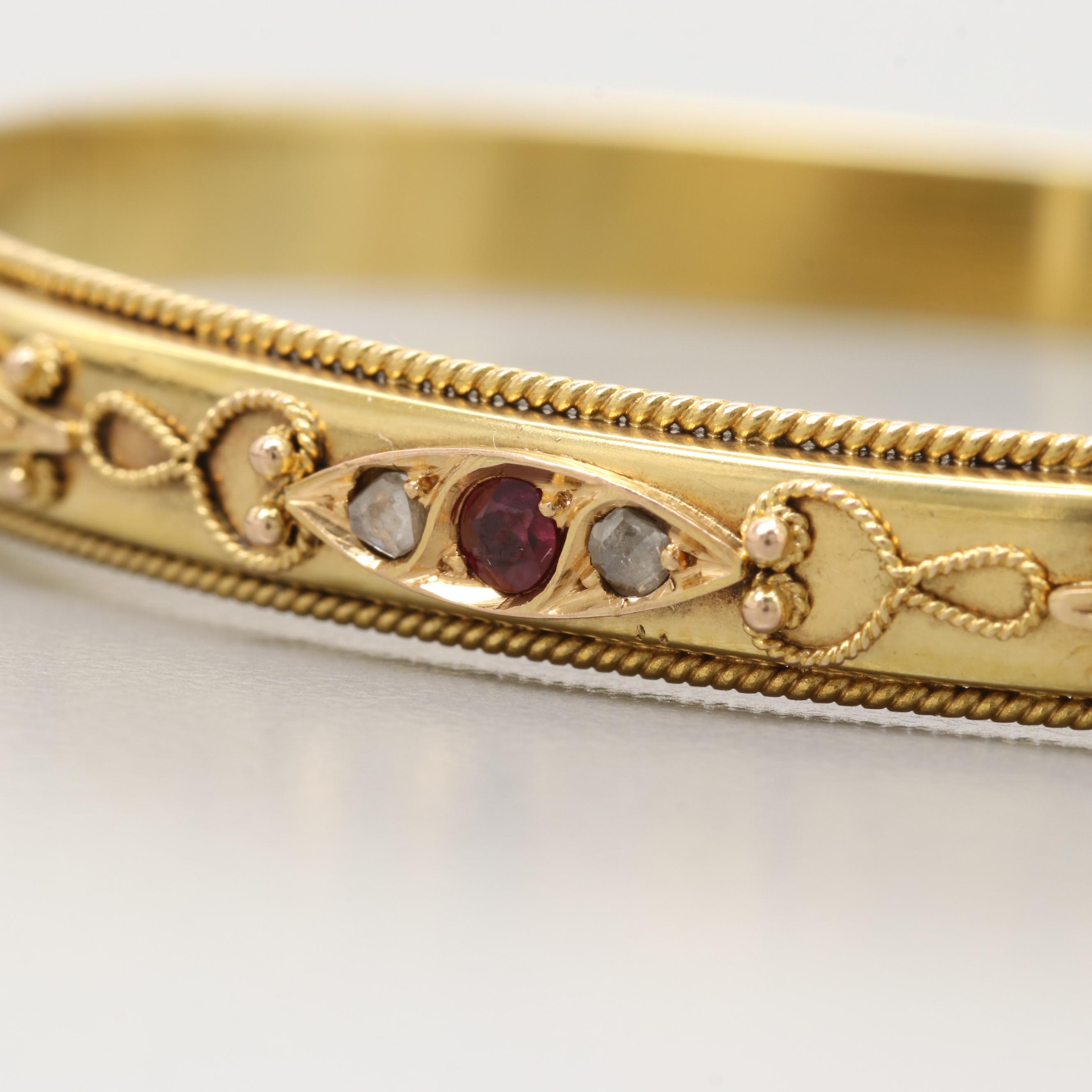 Victorian Etruscan Revival 15K Yellow Gold Gem Bangle Bracelet