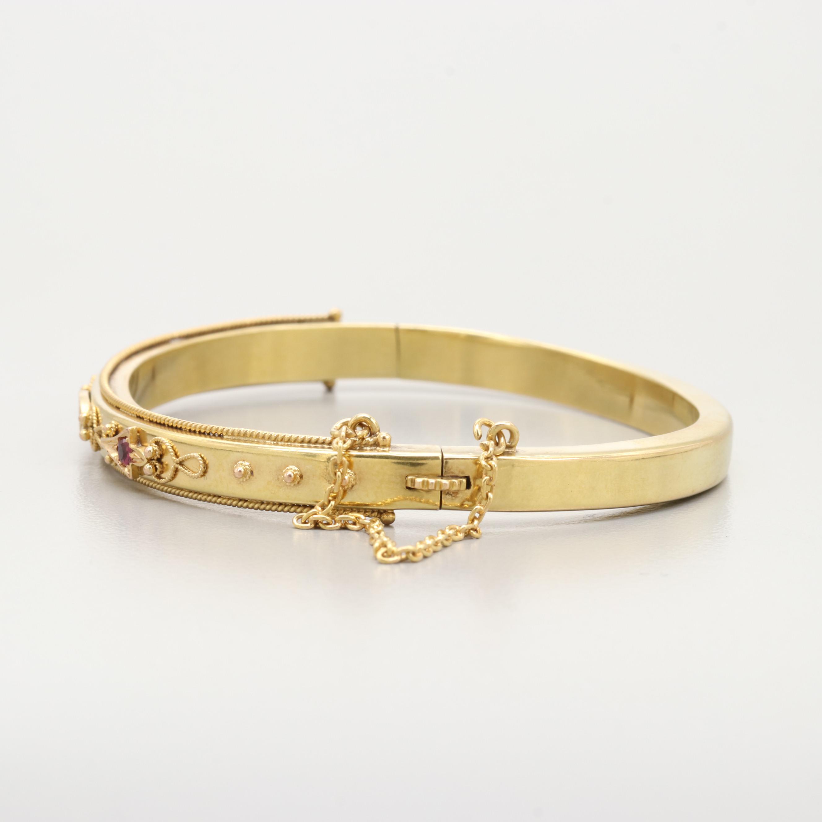 Victorian Etruscan Revival 15K Yellow Gold Gem Bangle Bracelet