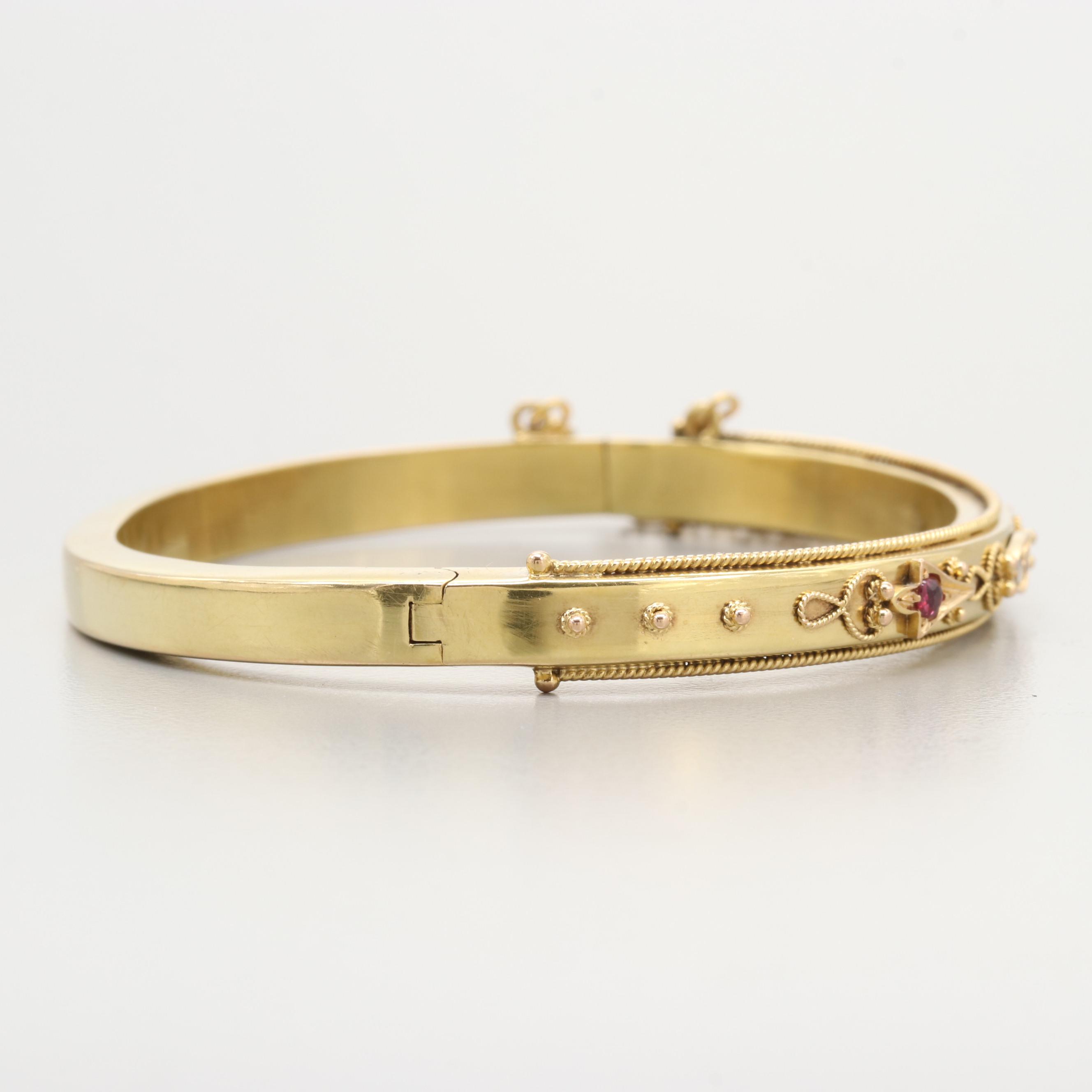 Victorian Etruscan Revival 15K Yellow Gold Gem Bangle Bracelet