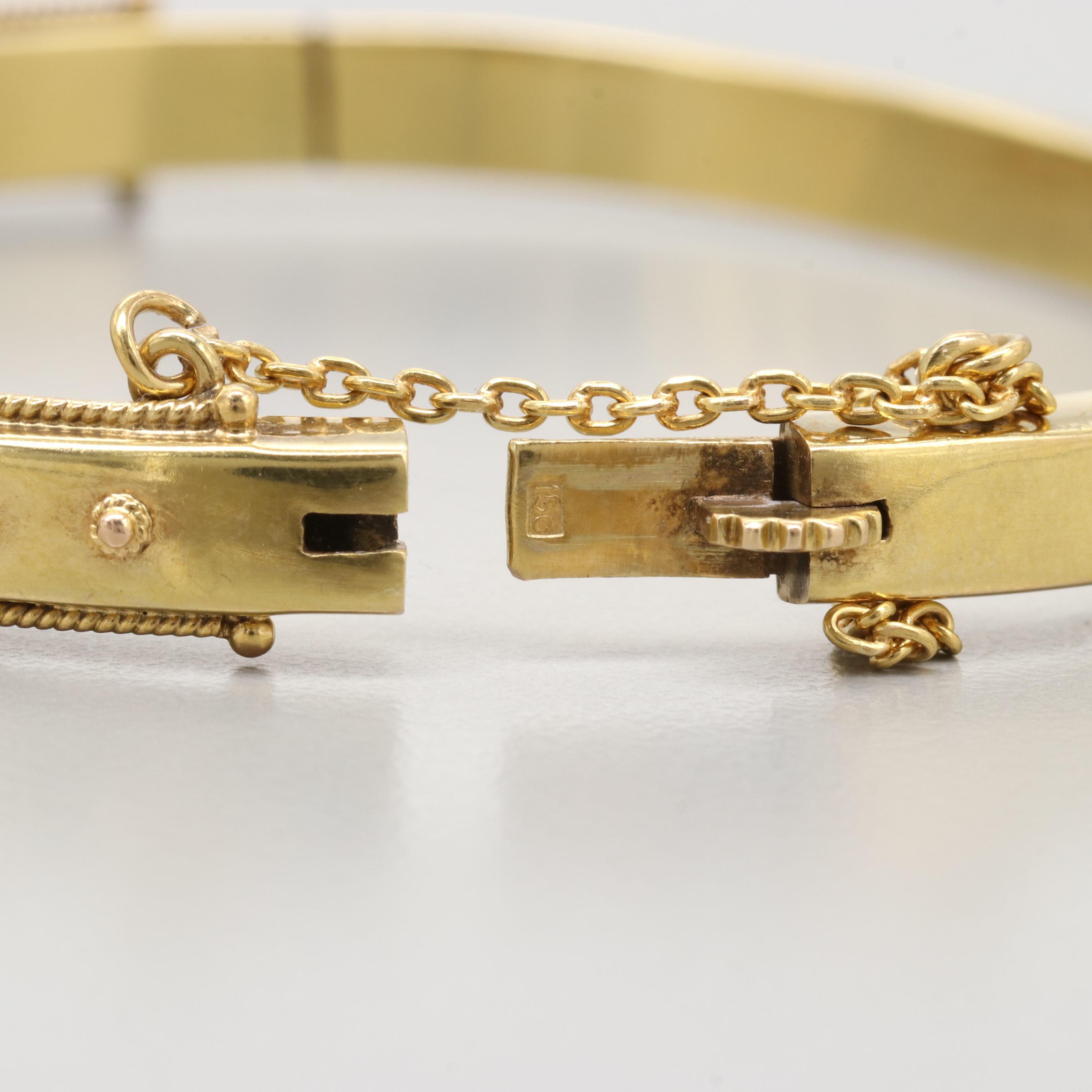Victorian Etruscan Revival 15K Yellow Gold Gem Bangle Bracelet