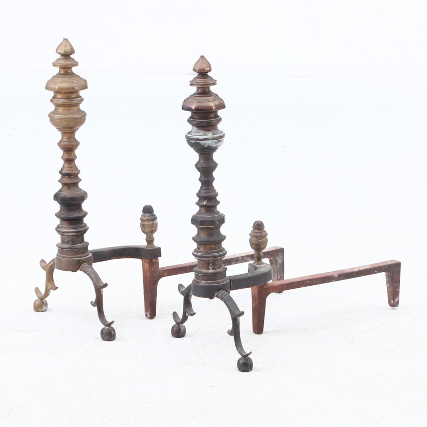 Marvin Co. Brass Turret Top Andirons, Early 20th Century