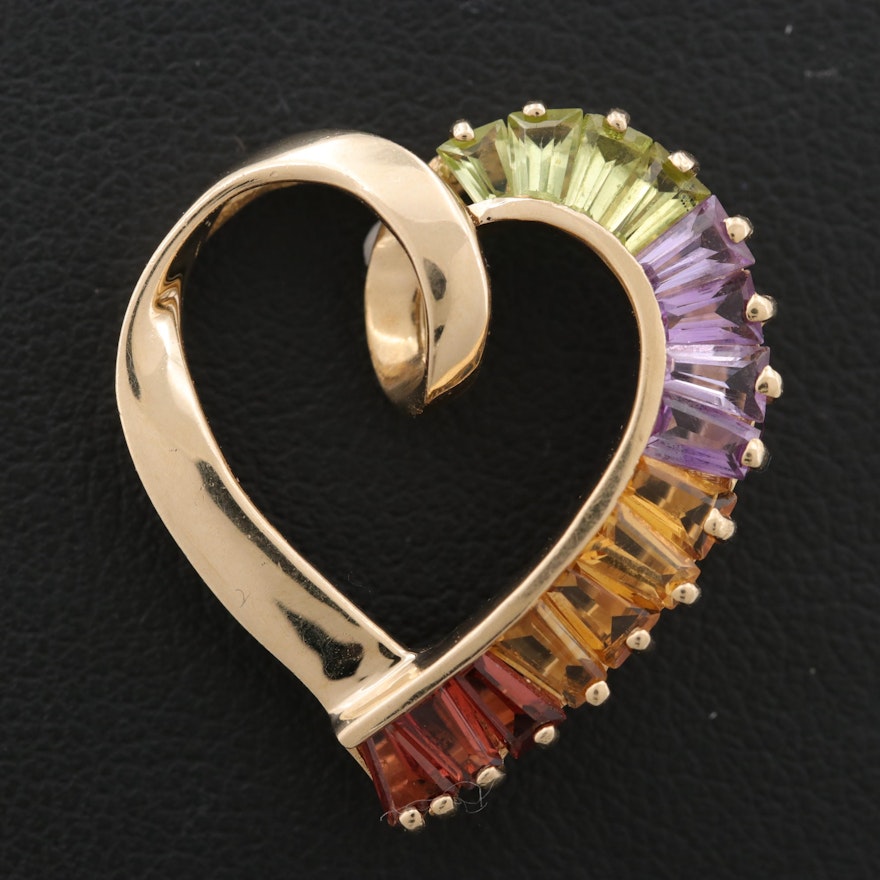 14K Yellow Gold Garnet, Citrine, Peridot, and Amethyst Heart Slide Pendant