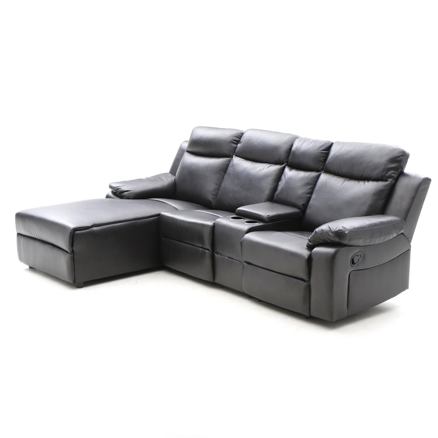 Theater Seating with Chaise Lounge in Black Faux Leather