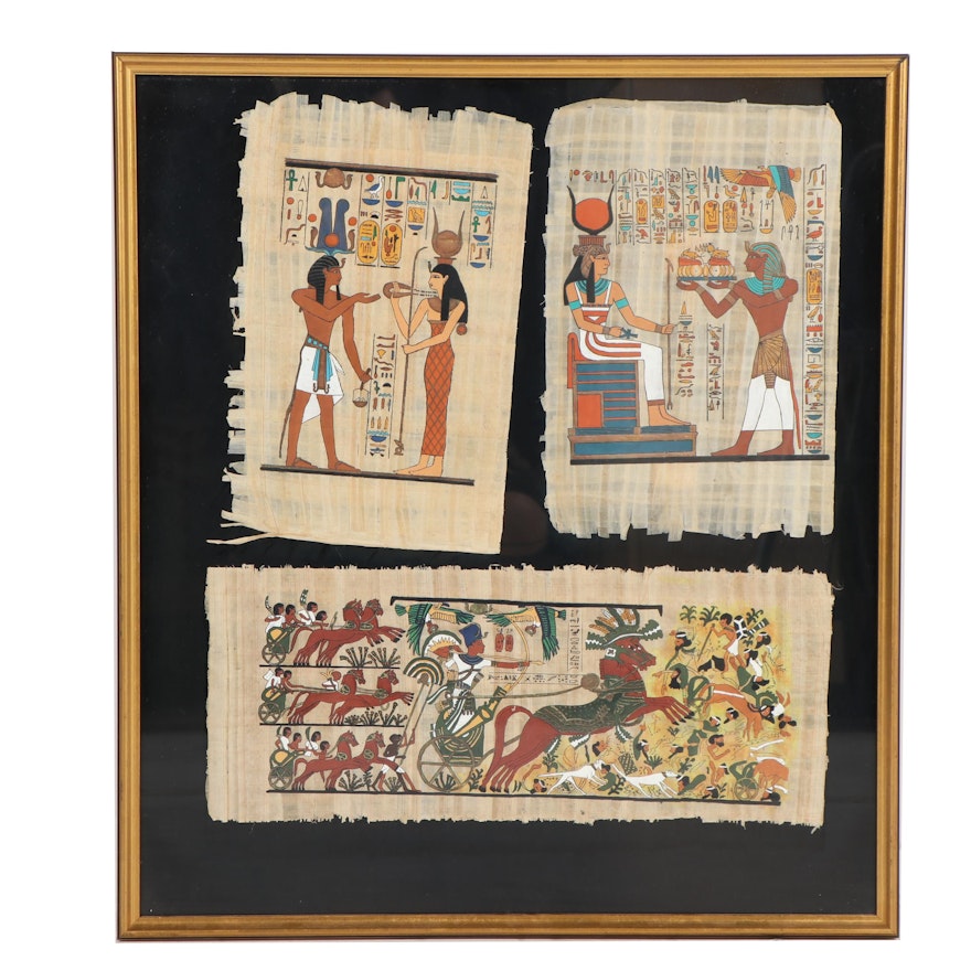 Contemporary Egyptian Style Gouache Paintings on Papyrus