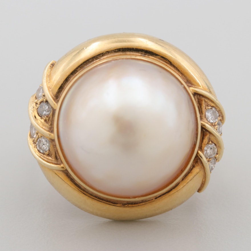 14K Yellow Gold Cultured Pearl and Diamond Ring