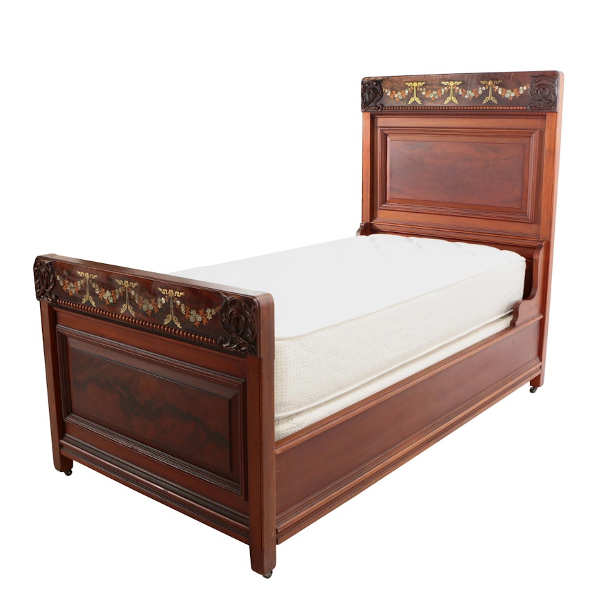 Victorian Aesthetic Movement Mahogany and Marquetry Twin Size Bed, Circa 1880
