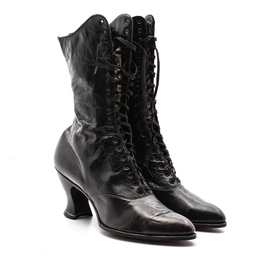 Vintage Dorothy Dodd Victorian Style Black Leather Lace-up Heeled Boots