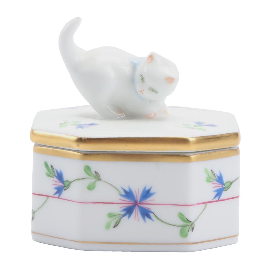 Herend "Blue Garland" Figurative Cat Finial Trinket Box