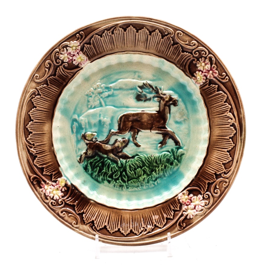 Majolica Arsenal Factory Style Deer and Dog Plate