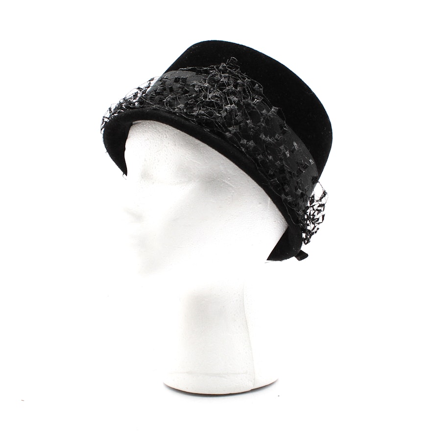 Black Felt Cloche Hat with Netting, Mid-20th Century Vintage